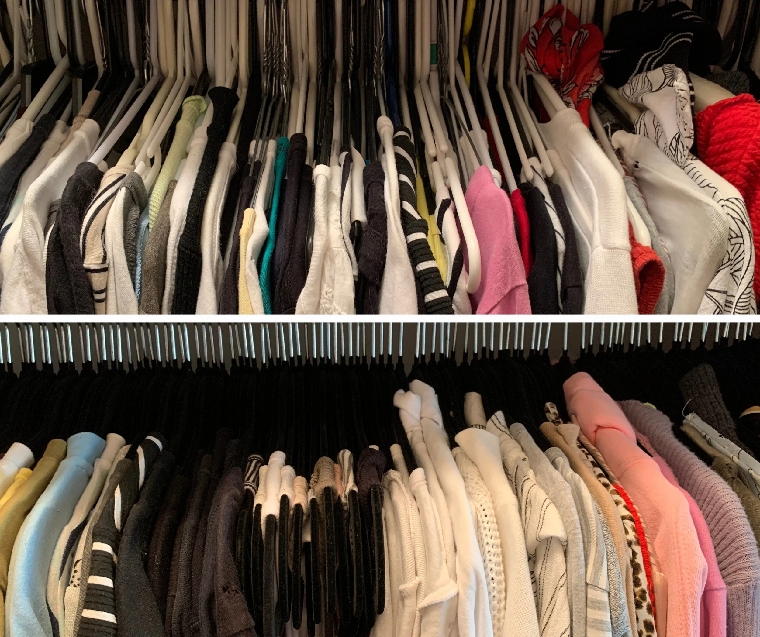 Closet with assorted clothes on hangers, including colorful tops and jackets, organized neatly.