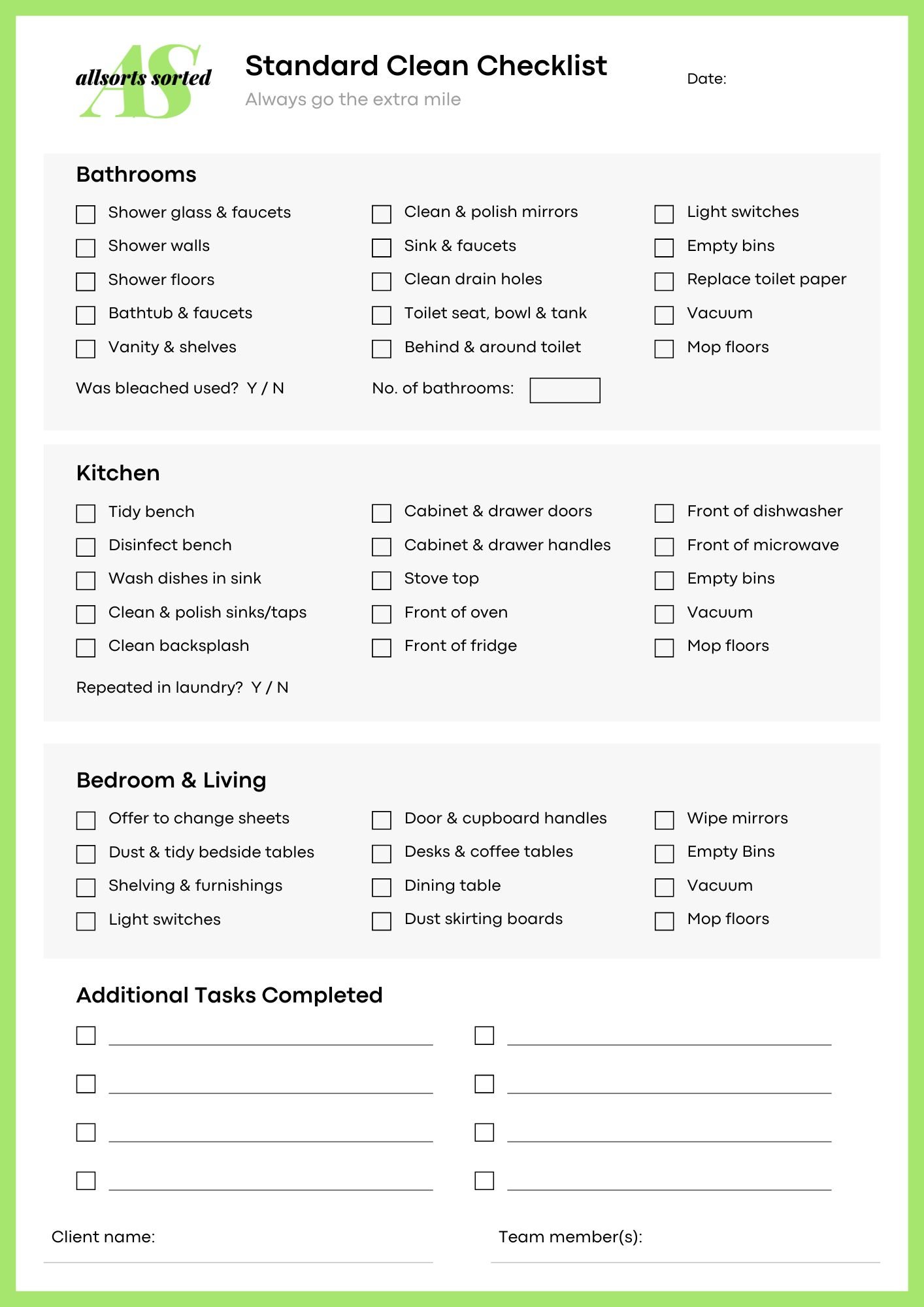 A standard clean checklist form with sections for bathrooms, kitchen, bedroom & living, and additional tasks completed. The form includes checkboxes for various cleaning tasks and spaces for date, client name, and team members.