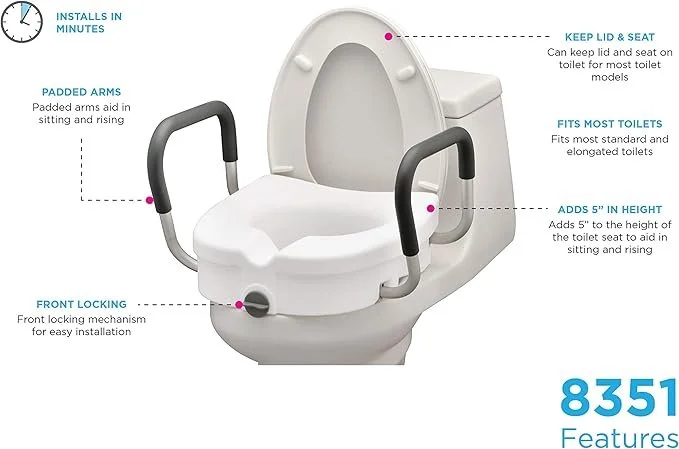 Diagram of raised attachment that locks onto the toilet for safety. No assembly required, installs in minutes, fits most toilets, front locking for easy installation, can keep lid and seat on toilet for most toilet models, adds 5 inches to height