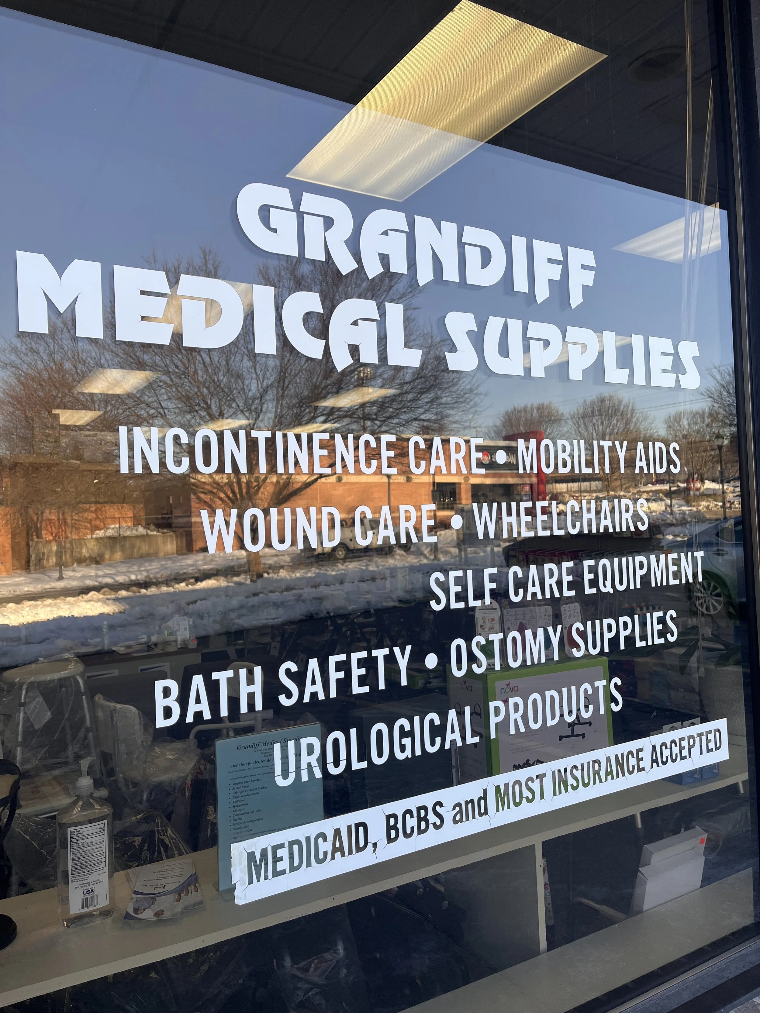 Describes the categories of items Grandiff carries on the storefront: Incontinence Care, Mobility Aids, Wound Care, Wheelchairs, Self Care Equipment, Bath Safety, Ostomy Supplies, Urological Products. Medicaid, BCBS and most insurances accepted