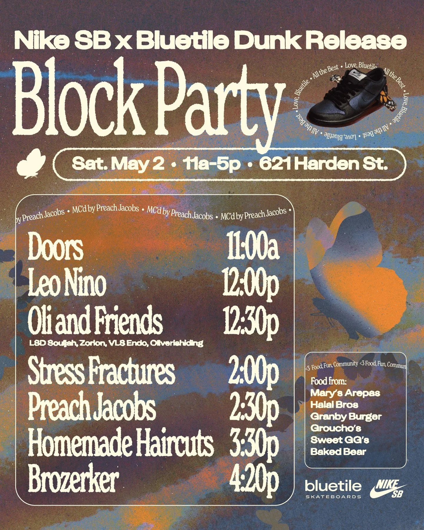 Columbiaaaaaaa we&rsquo;re playing at a FREE block party on Harden Street next Saturday to celebrate the release of the new @nikesb @bluetilesc dunk 🦋🛹

we love Bluetile and we&rsquo;re stoked to celebrate this monumental collab. swipe for a video 
