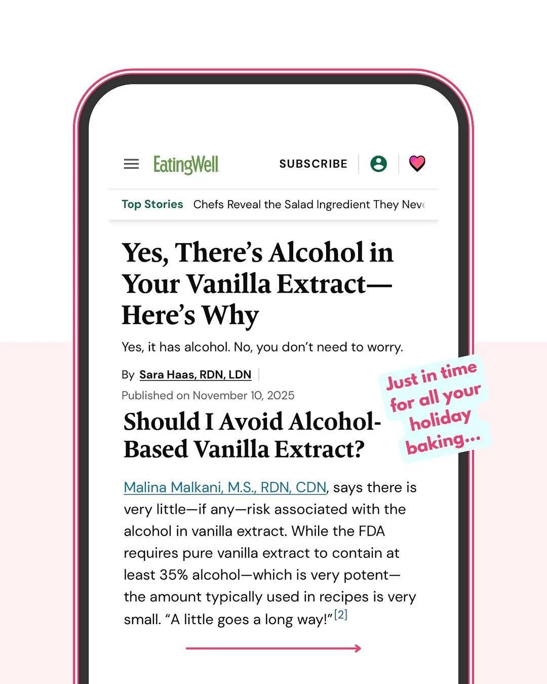 In case you were wondering...comment #Vanilla below and I&rsquo;ll DM you a link to the full article with more info! Thx @cookinRD for including my thoughts in this awesome @eatingwell article 🧑&zwj;🍳⁠
⁠
#MediaDietitian #VanillaExtract #Baking #Reg