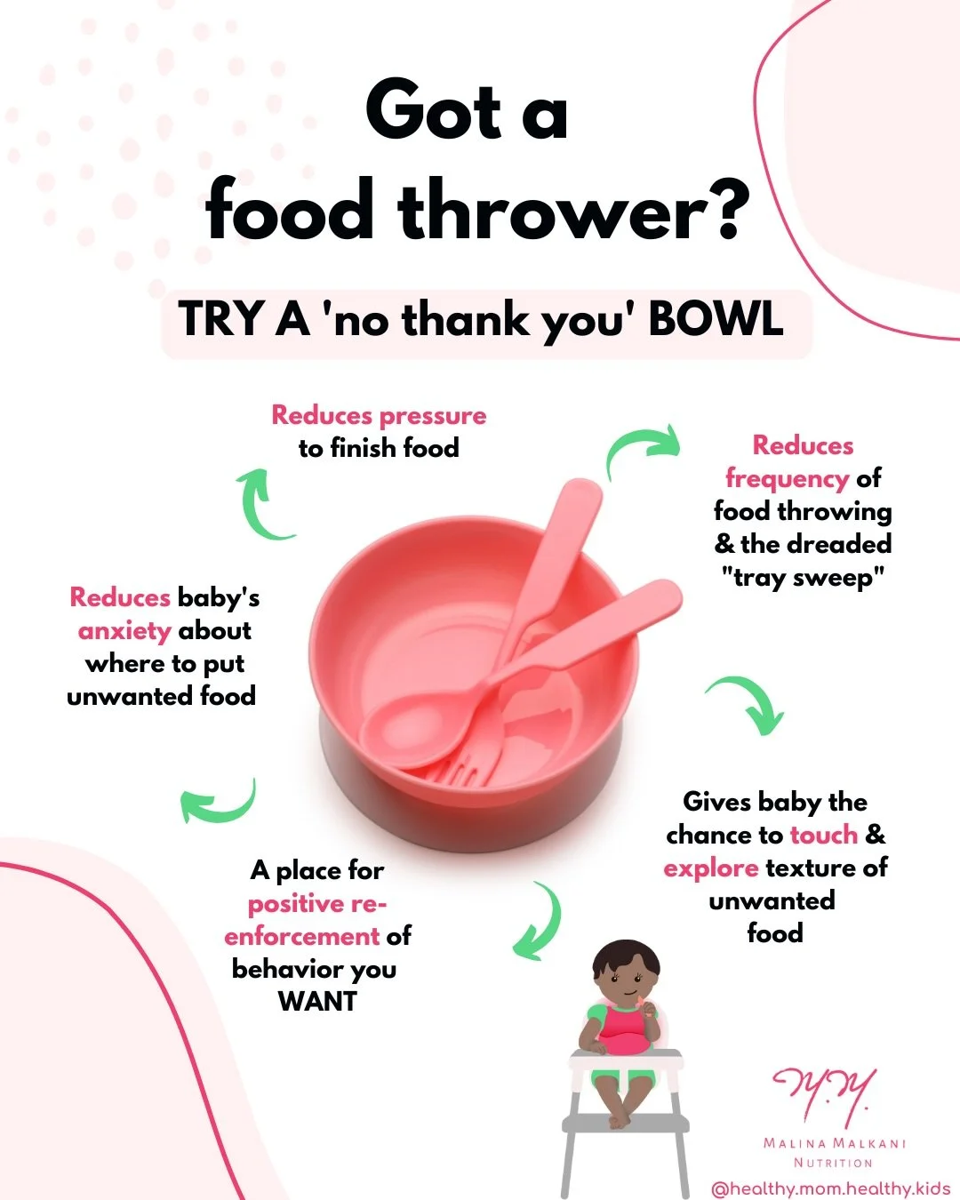 Does your baby like to throw food? Try a &ldquo;no thank you bowl!&rdquo; 🥣⁠⁠
⁠⁠
(I&rsquo;m Malina, btw, pediatric dietitian, author, and single mom of 3, specializing in nutrition for moms, babies, and kids 💕⁠⁠⁠)⁠
⁠⁠
A &ldquo;no thank you bowl&rdq