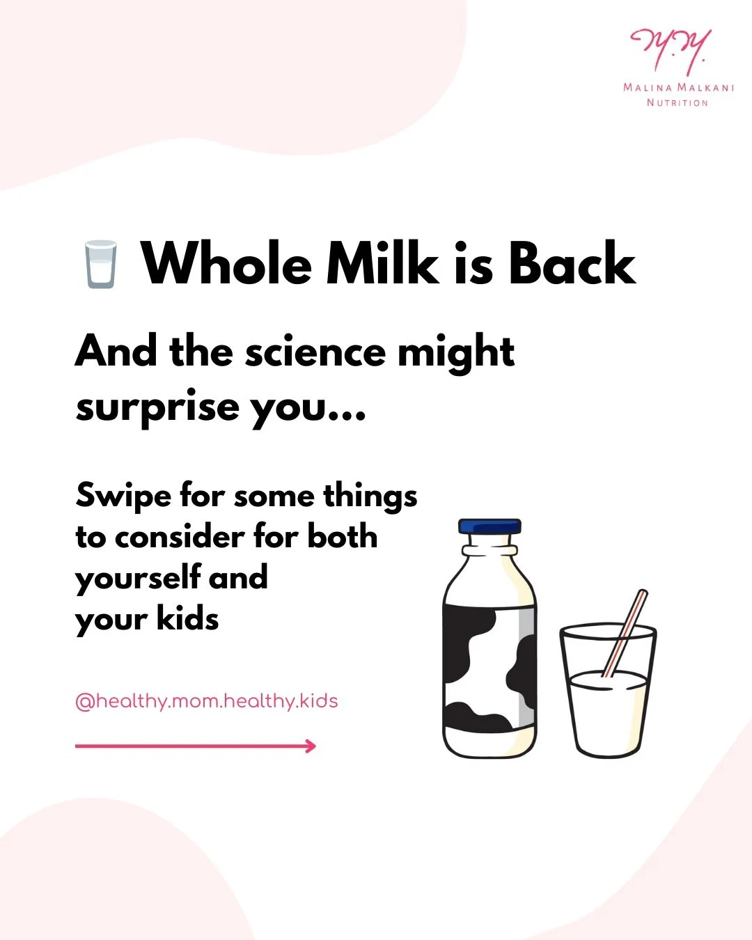 Comment #milk below and I&rsquo;ll DM you my complete summary of the science on whole milk, age-based recommendations, and help on how to choose what&rsquo;s right for your family xo Malina ⁠
⁠
Whole Milk * Dairy * Pediatric Nutrition * Calcium * Res