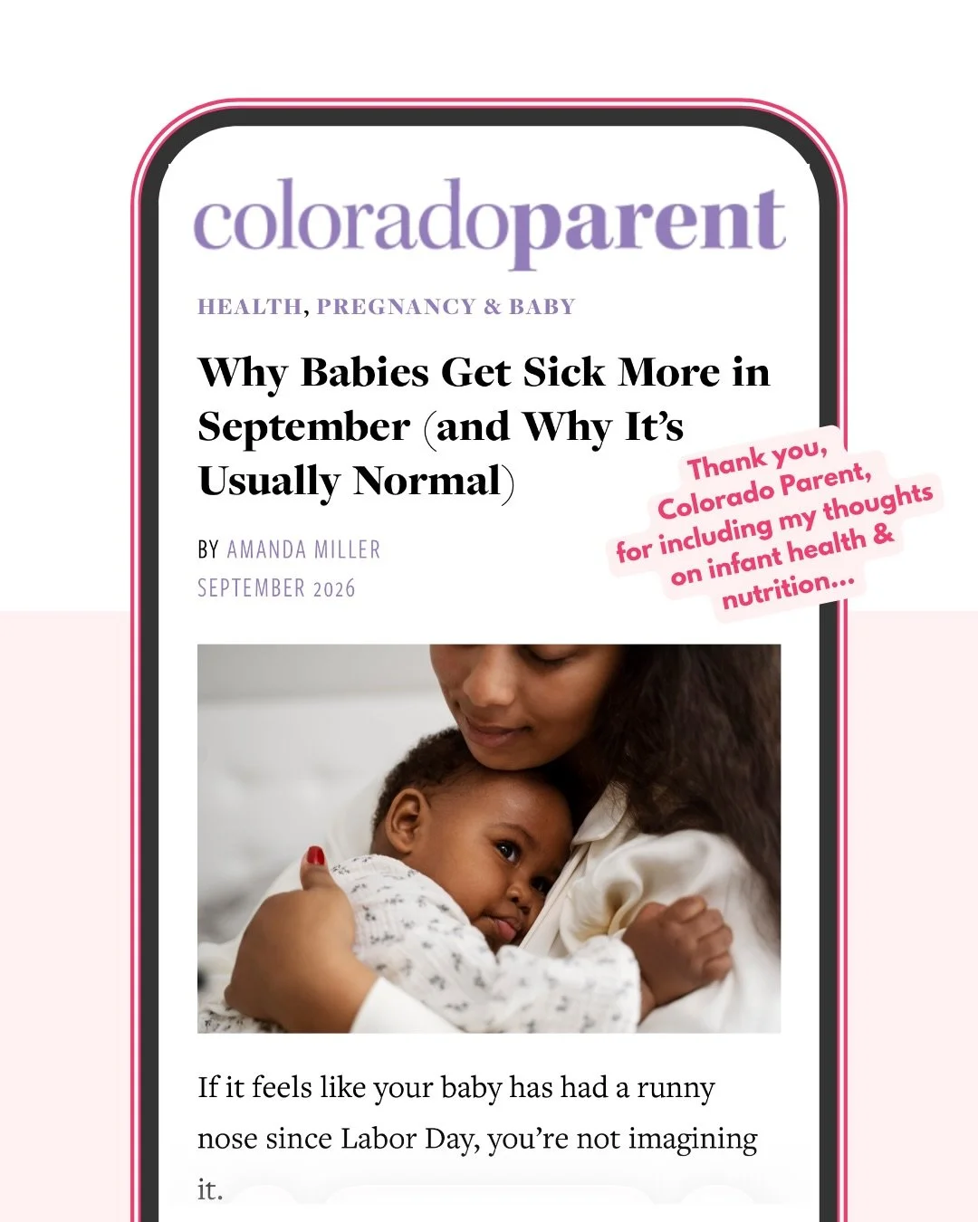🤧 If you find that your baby has a runny nose throughout most of September, you will not be alone (and it usually isn&rsquo;t a sign that anything is wrong!) ⁠
⁠
I was glad to contribute to this @coloradoparentmagazine piece on why September kicks o