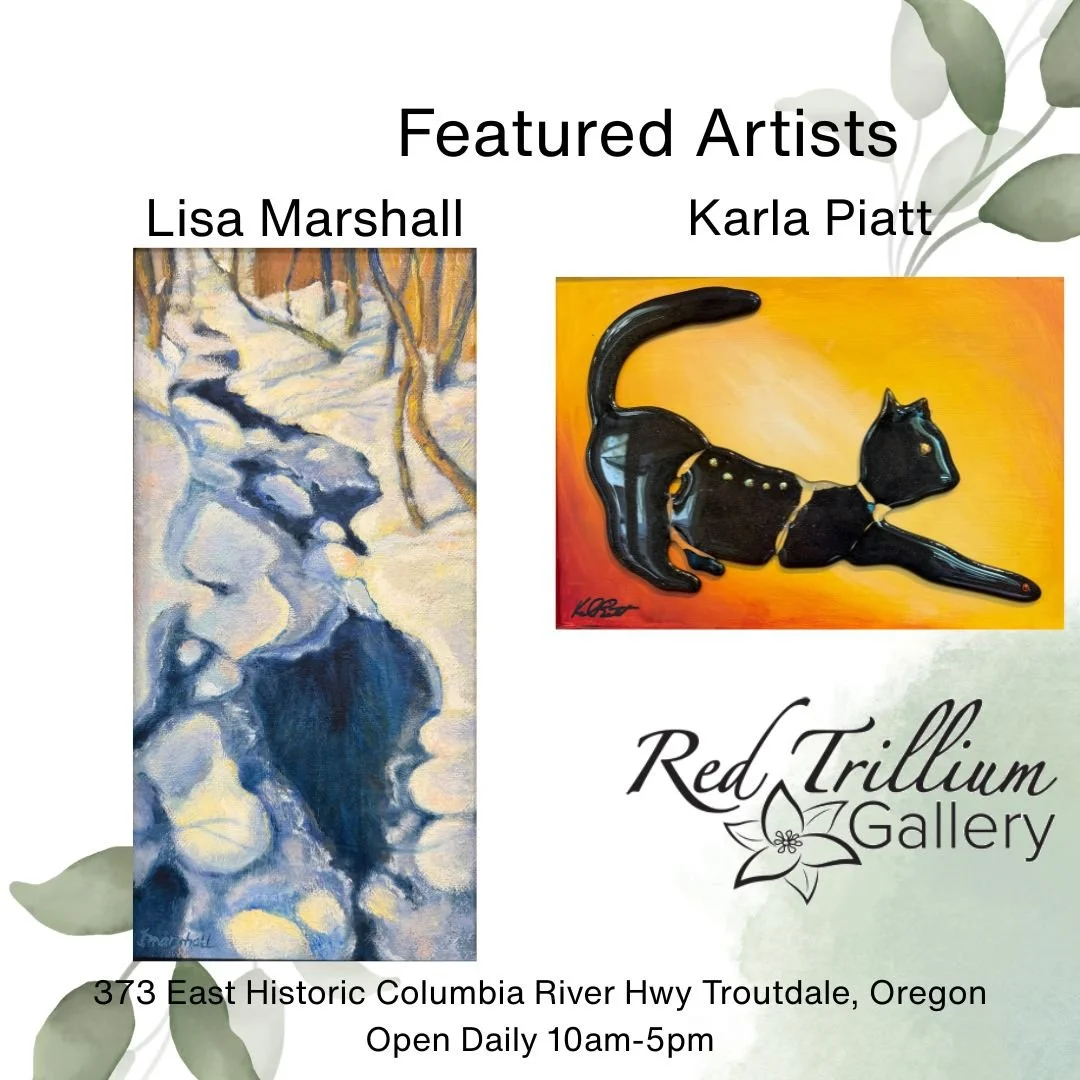 🐈&zwj;⬛Karla Piatt paints with glass, and her black cat is fabulous!  Won&rsquo;t be here long!  We are resetting art this week.
A Wintry Scene by Lisa Marshall is a lovely reminder of winters past.  It is a great piece for your winter art wall!  Co