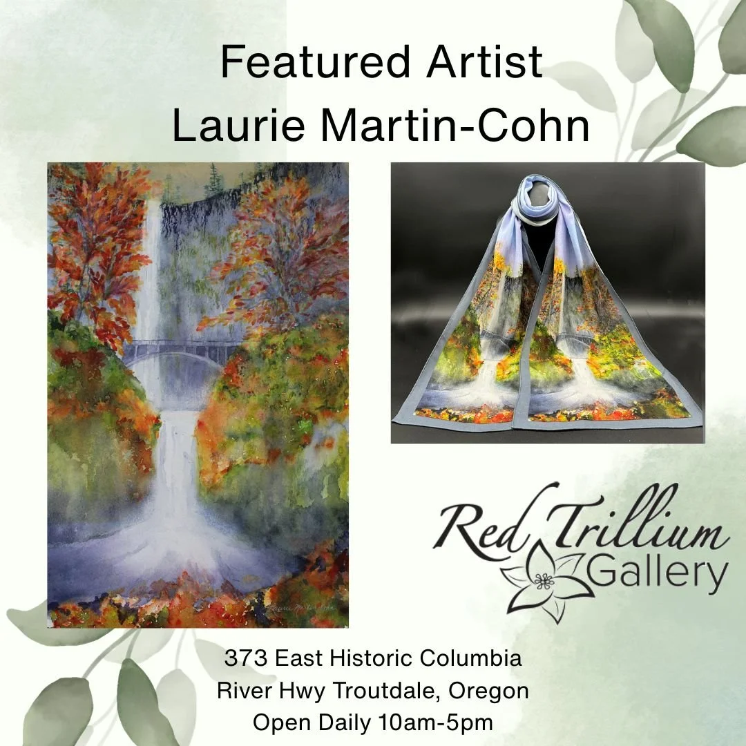 🤪You have got to be kidding! Your artist makes silk scarves from watercolor paintings?  Yep. Check out Laurie Martin-Cohn&rsquo;s Multnomah Falls Scarf and Painting!  Either would make  a wonderful Gift!
Open Every Day 10-5pm. Historic Downtown Trou