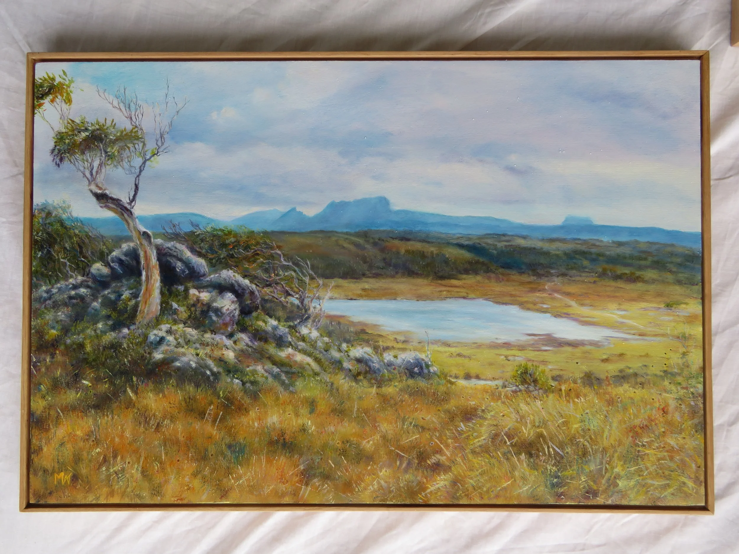 Cradle Mountain from Black bluff overlooking Lake Lea. Oil on board.
