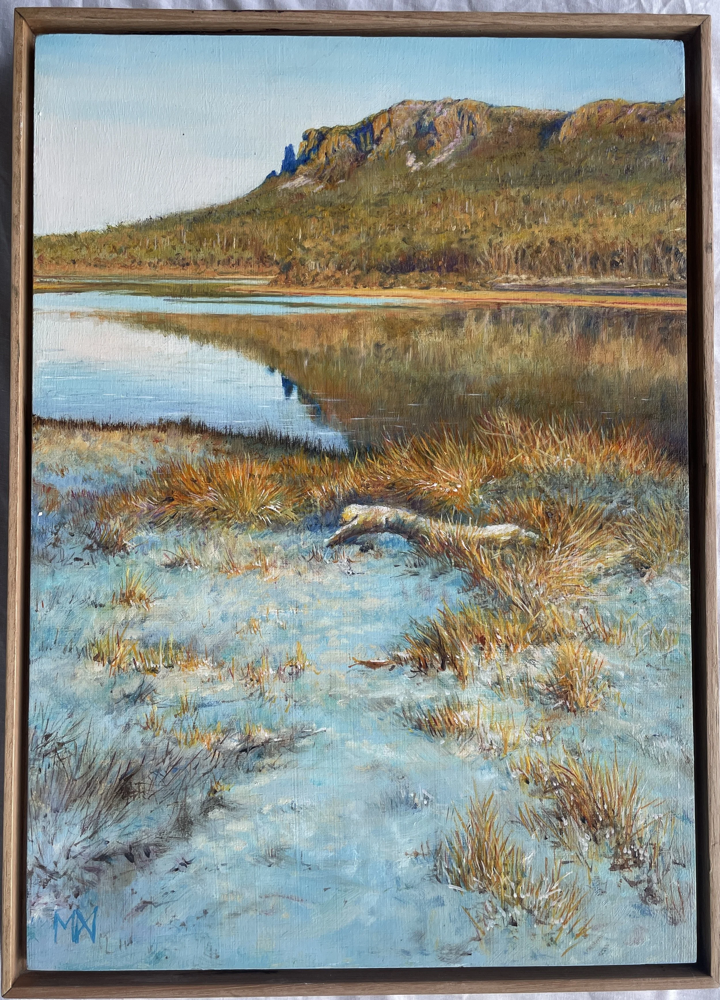 Snow morning at Lake Ayr with Mt Oakleigh. Oil on board