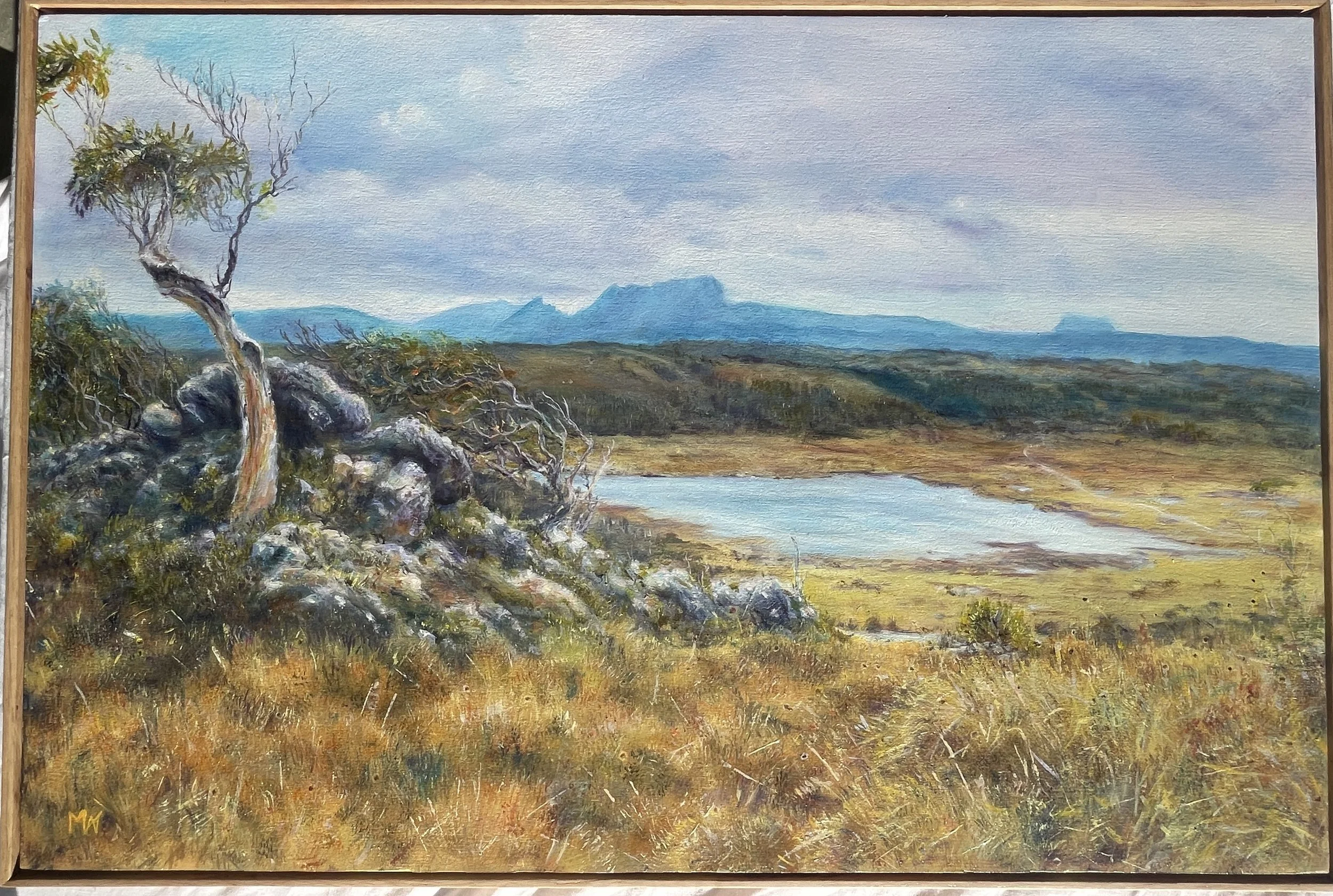 Cradle Mountain from Black bluff overlooking Lake Lea. Oil on board.