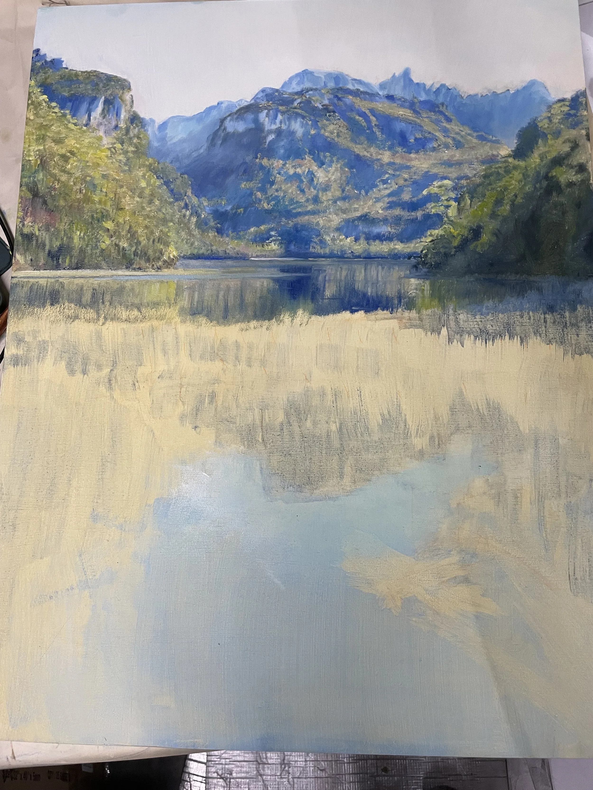 Lake Vera Idyll. Oil on board. Progress.