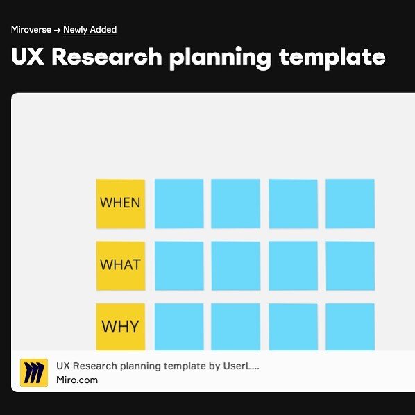 Our simple user research planning template is now on Miroverse https://bit.ly/372saD4 Thank you @Mirohq❤️ 👩&zwj;💻 #userresearch #uxresearch