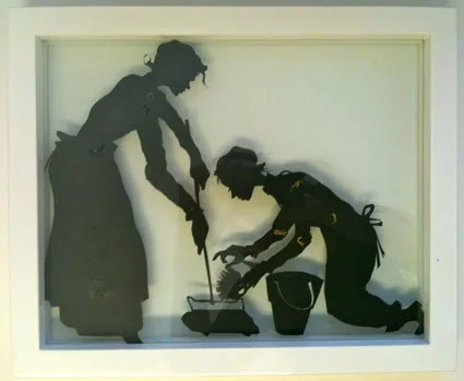 two edwardian maids black silhouette papercut maquettes for animation