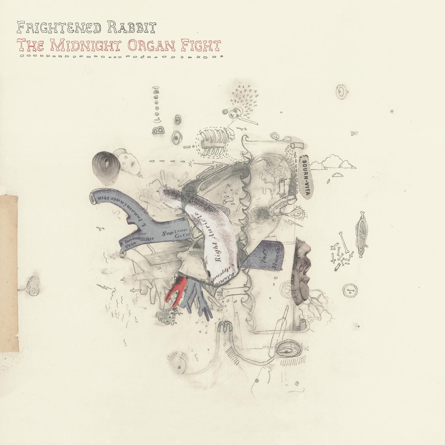 Abstract drawing with various shapes, lines, and forms; album cover for 'The Midnight Organ Fight' by Frightened Rabbit. Features a muted color palette.