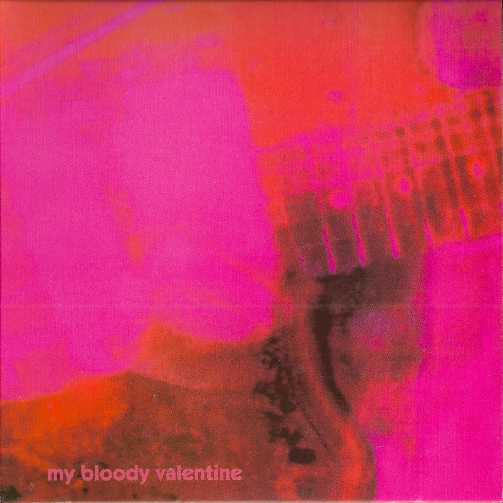 Blurred image with pink and purple hues showing a guitar and the words 'my bloody valentine'.
