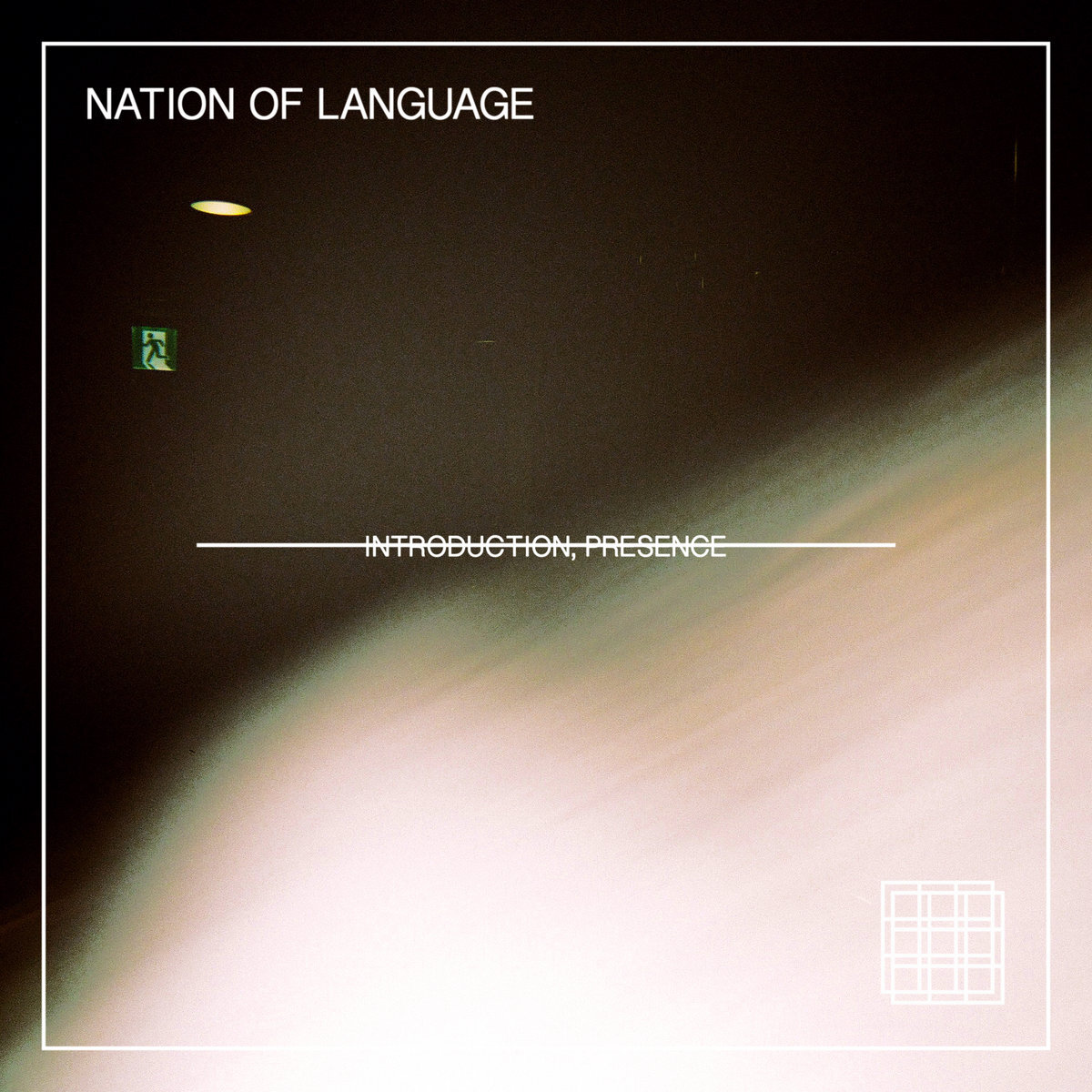 Abstract album cover with blurred light and text "Nation of Language: Introduction, Presence" in white font on a dark background.