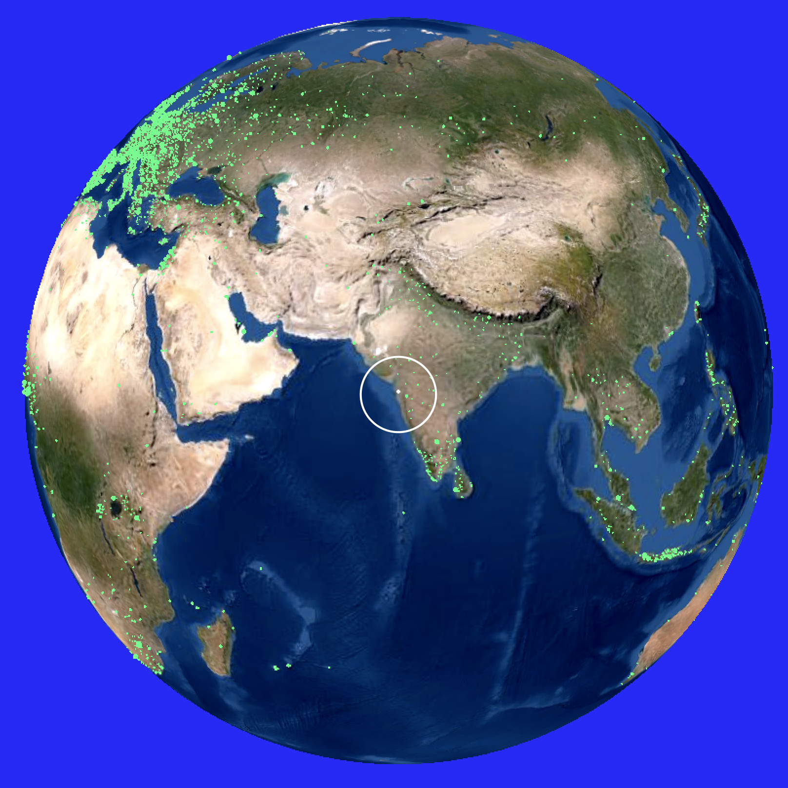Satellite image of Earth showing Asia with green dots marking specific locations, blue ocean background.