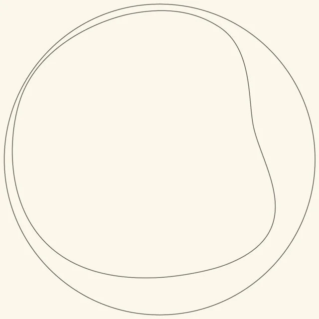 Simple line drawing of an abstract circular shape on a beige background.