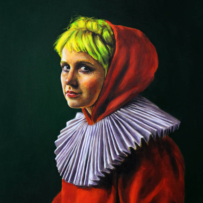 A portrait of a person with bright green hair, wearing a red hood and a white ruffled collar against a dark background.