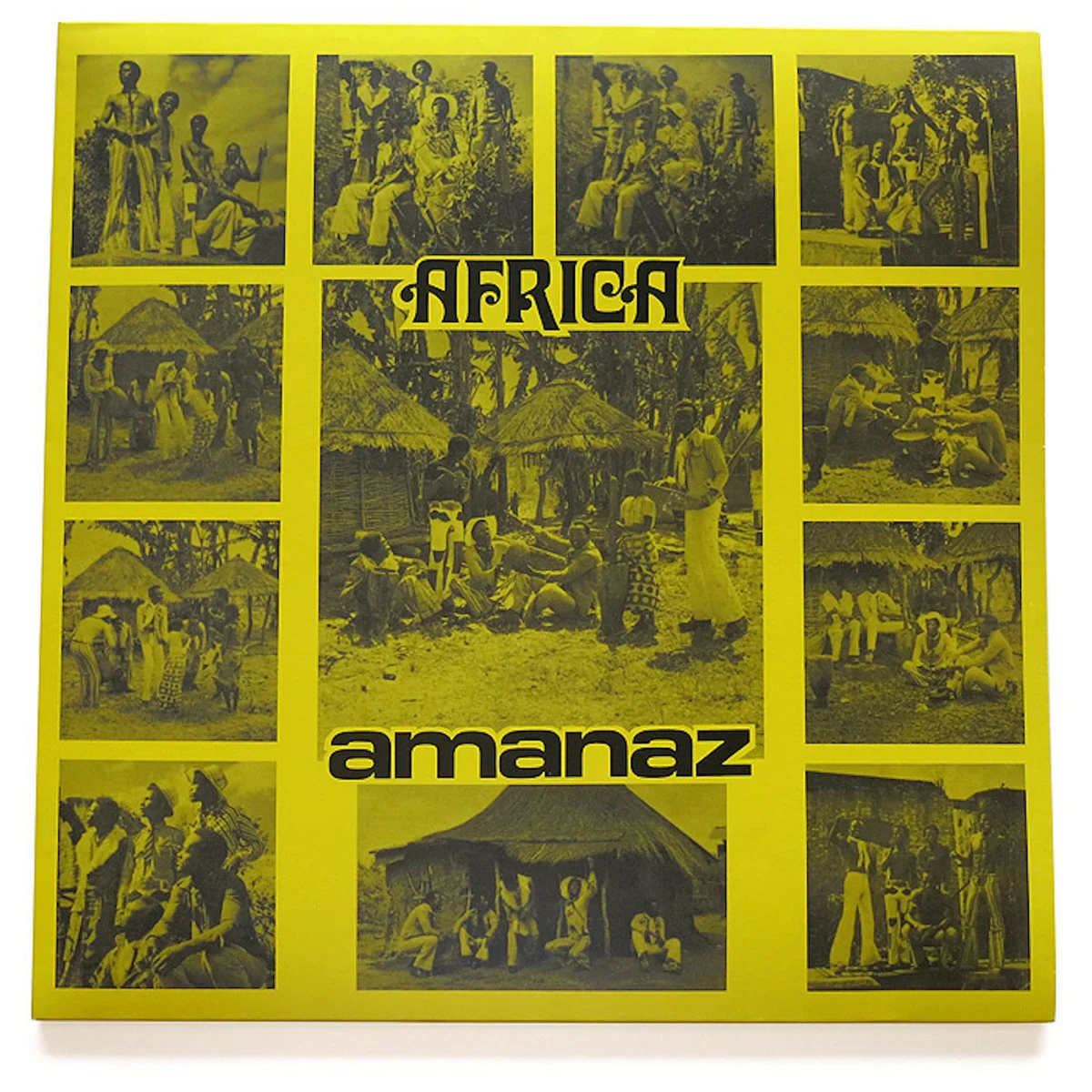 Album cover for 'Africa' by Amanaz featuring a collage of sepia-toned images depicting people in rural settings with thatched huts.