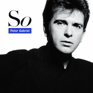 Black and white album cover of 'So' by Peter Gabriel, featuring his portrait and album title.