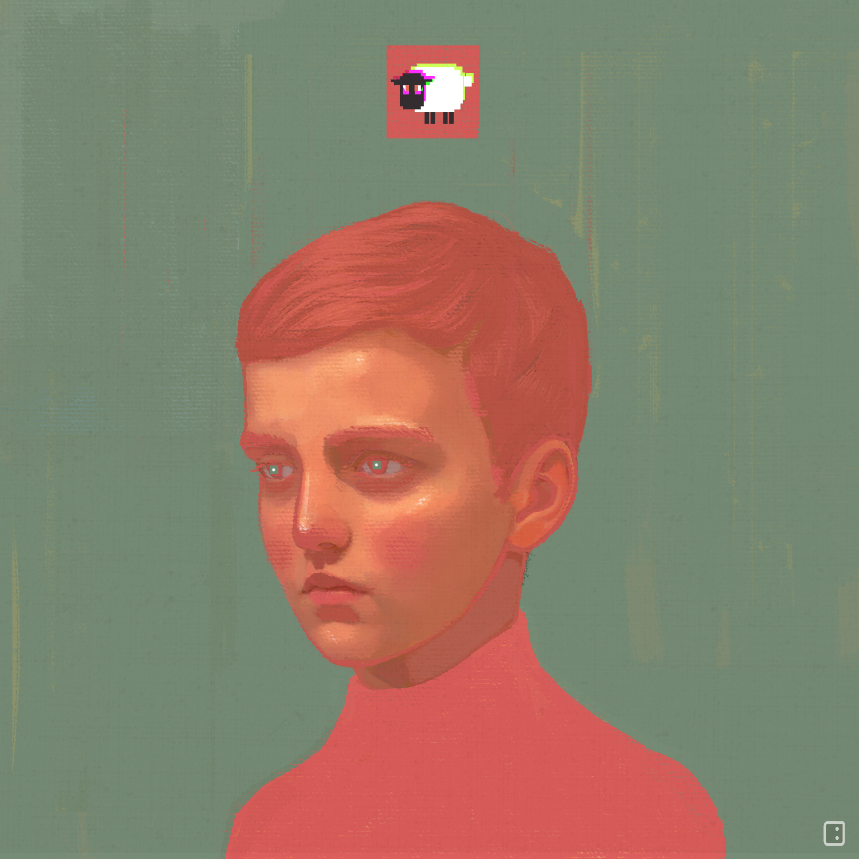 Abstract digital painting of a person with short red hair against a muted green background, featuring a small pixelated sheep icon above the head.