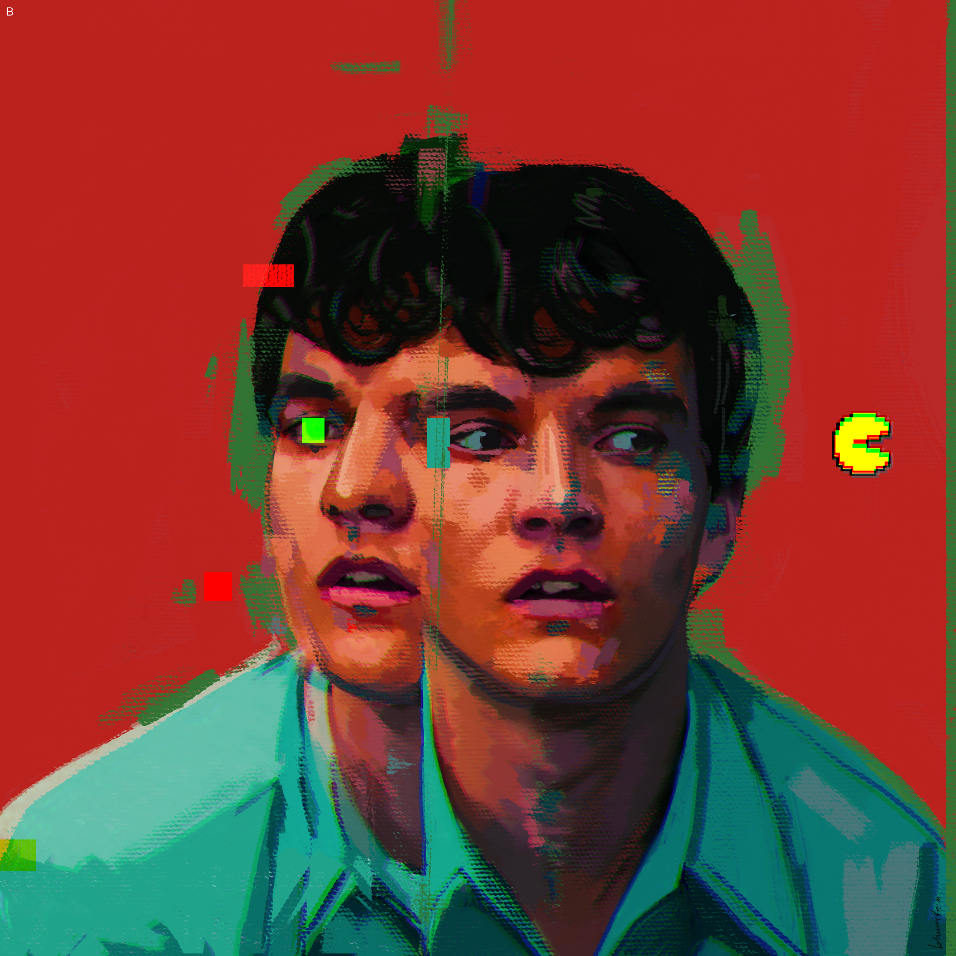 Digital art of a man's face with a glitch effect, featuring duplicated features and a red background with pixelated elements.