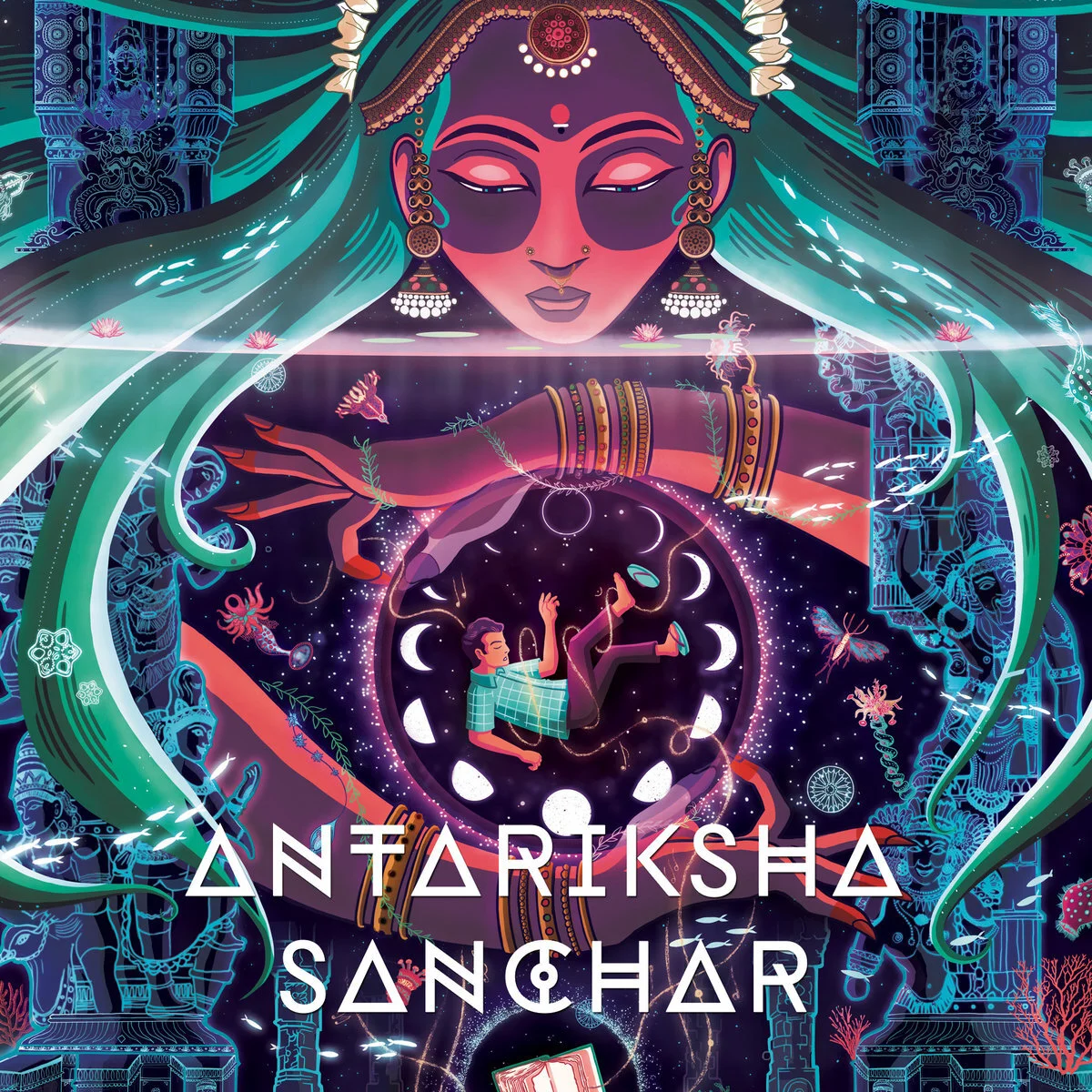 Fantasy artwork featuring a celestial figure with flowing hair and jewelry, holding a floating person surrounded by cosmic elements and lunar phases. Text reads 'ANTARIKSHA SANCHAR' at the bottom.