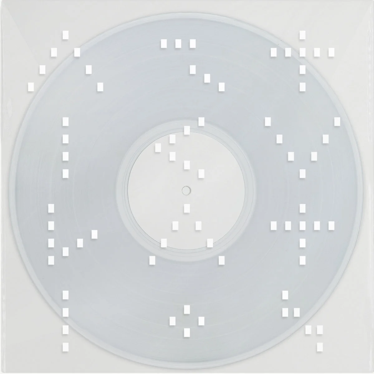 Vinyl record with transparent design and abstract white square decorations on a clear outer sleeve.