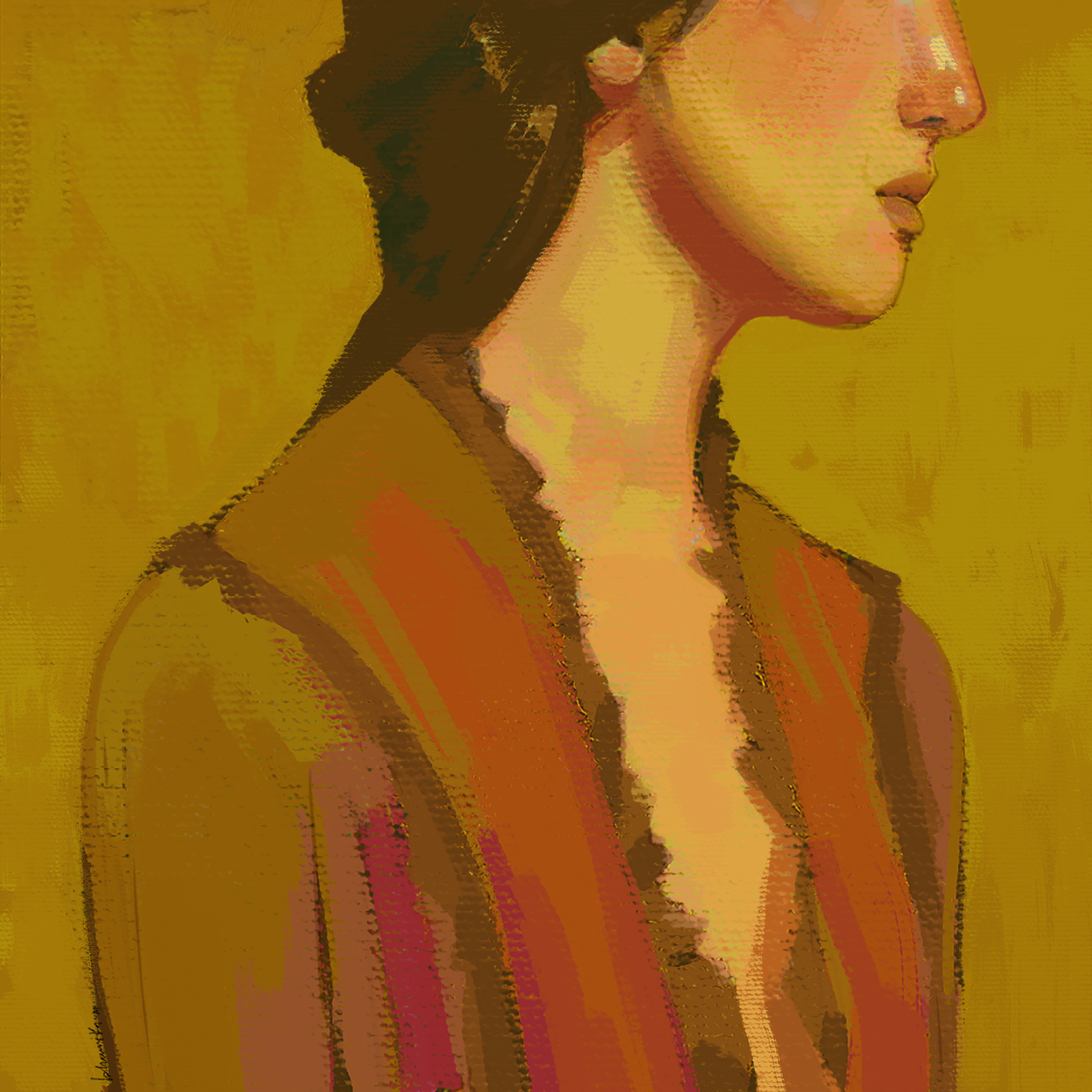 Abstract painting of a woman's side profile with warm tones