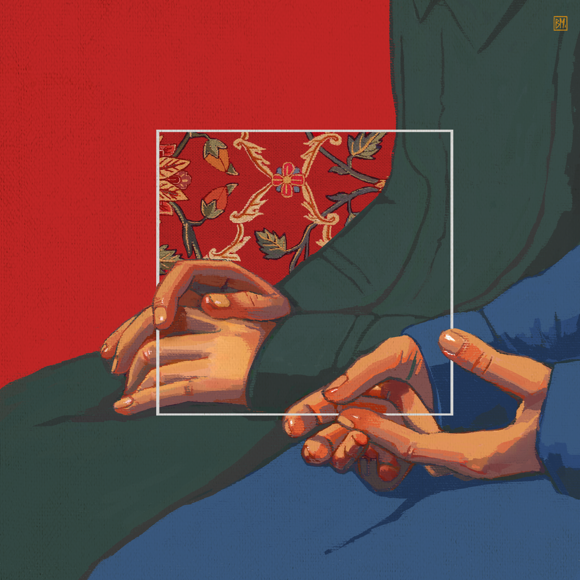 Artistic illustration of two hands holding each other against a red and floral background. One hand is wearing a green sleeve, the other a blue sleeve.