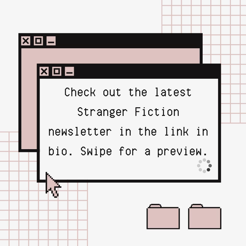 Minimalist graphic featuring windows and text about "Stranger Fiction" newsletter.