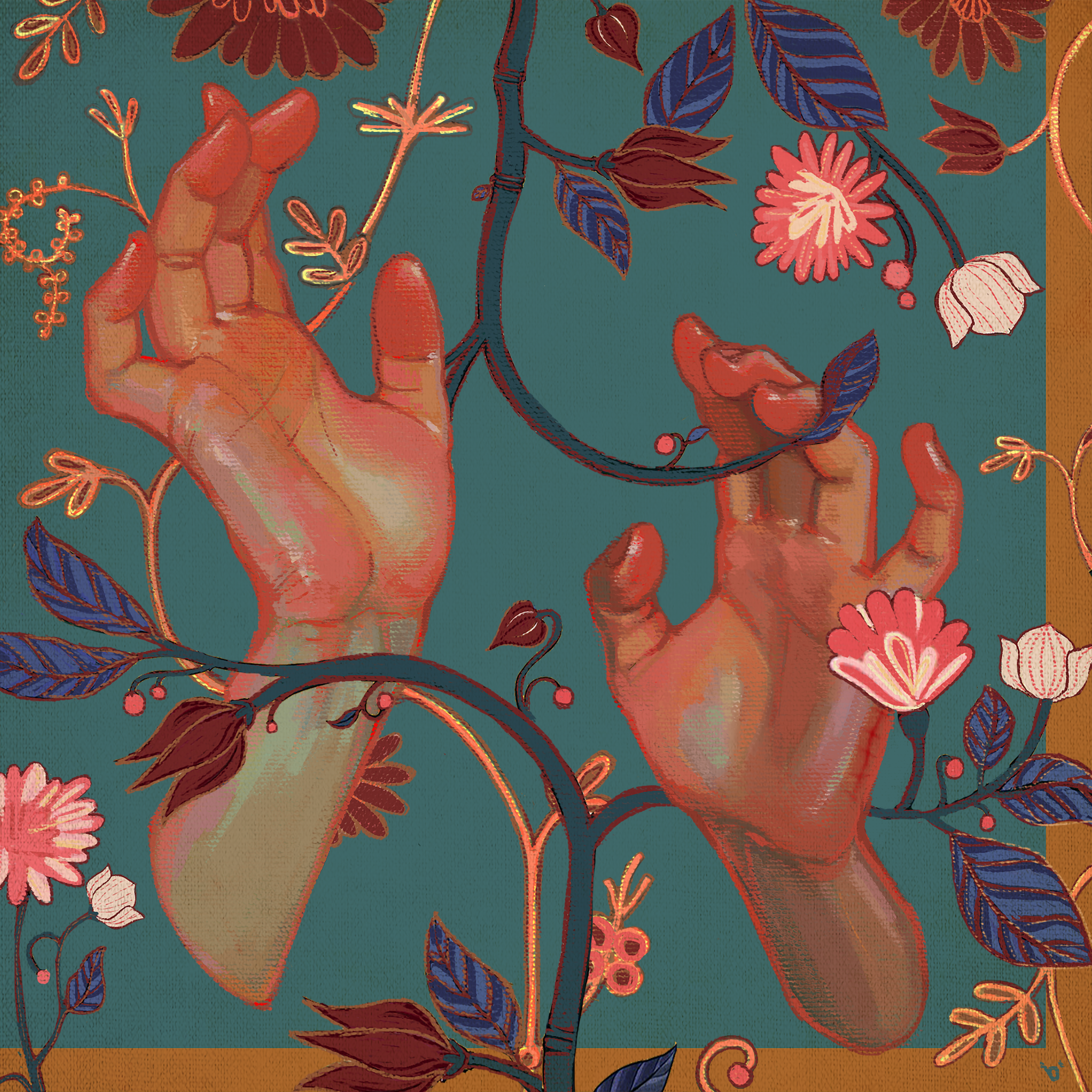 Two stylized hands surrounded by colorful flowers and foliage on a green background, art illustration.