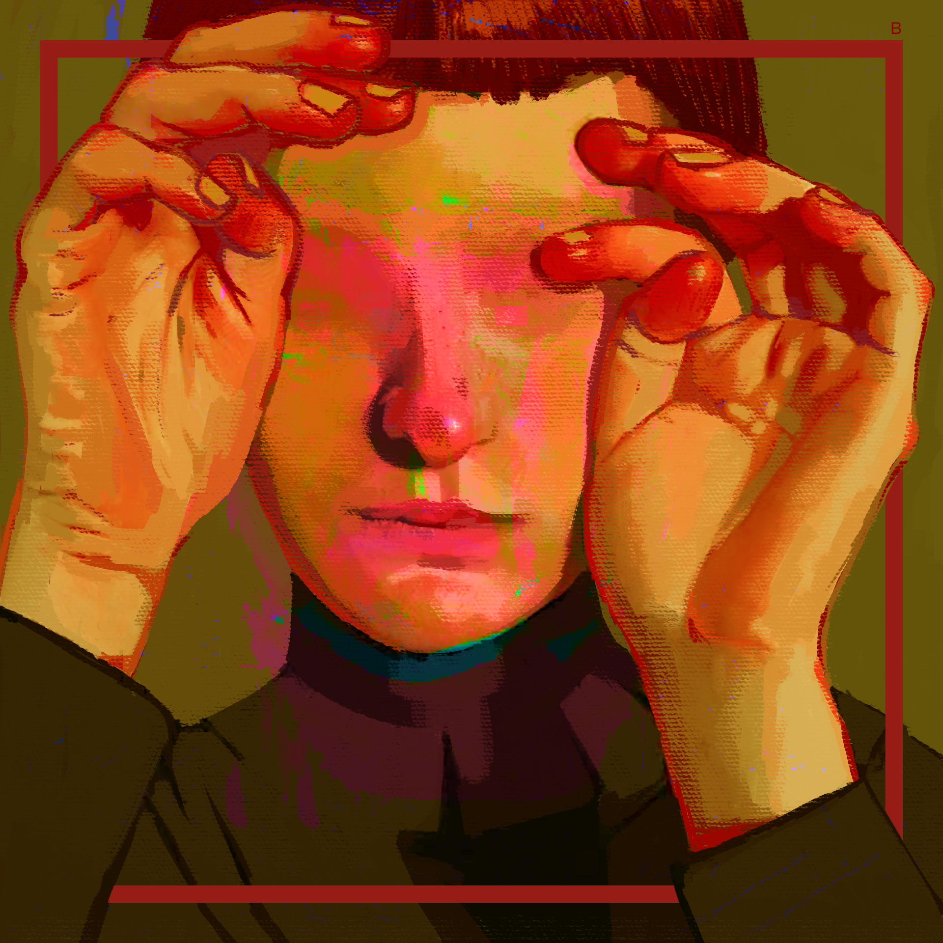Expressionist painting of a person covering eyes with hands, bold colors