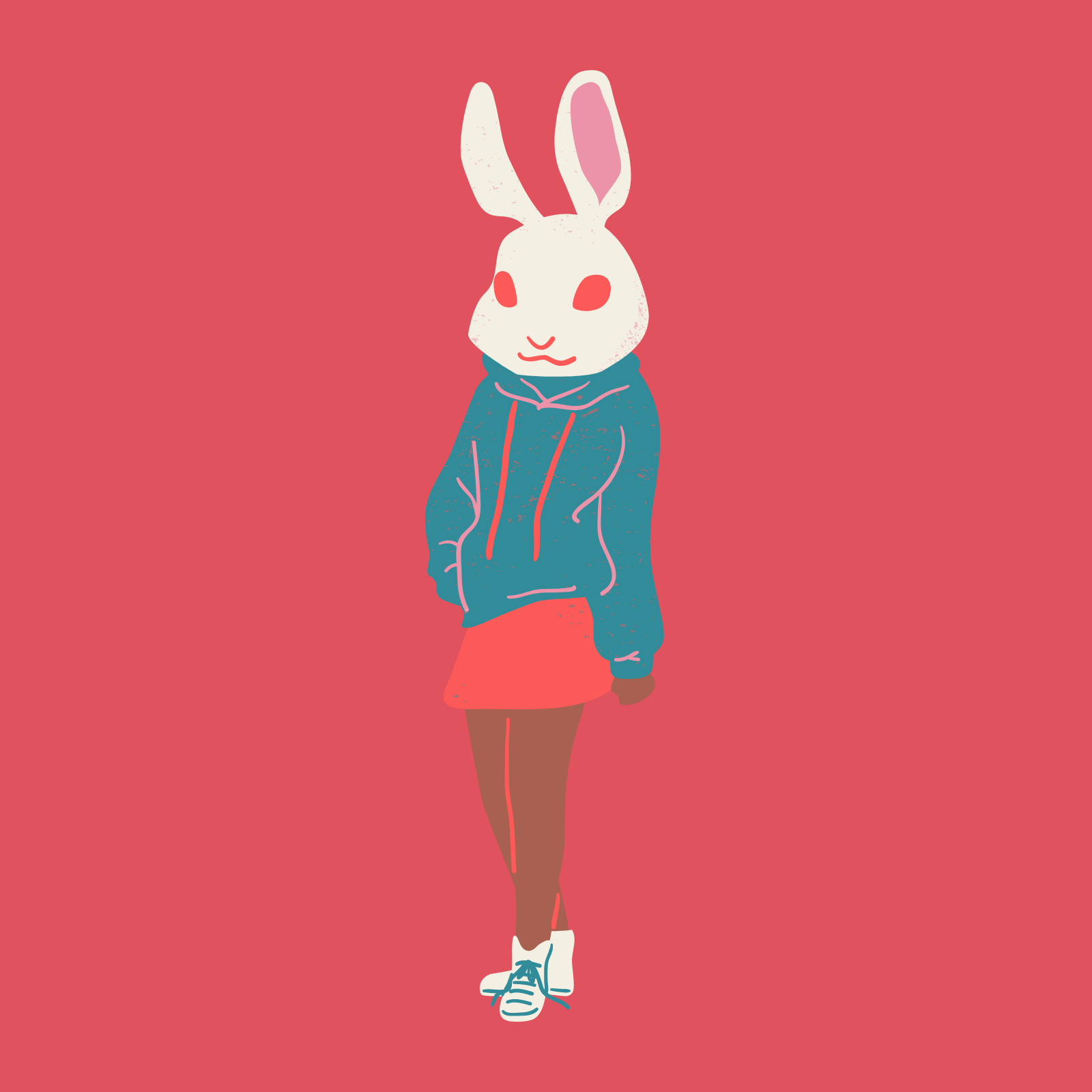 Illustration of a person with a rabbit head wearing a teal hoodie and pink skirt against a pink background.
