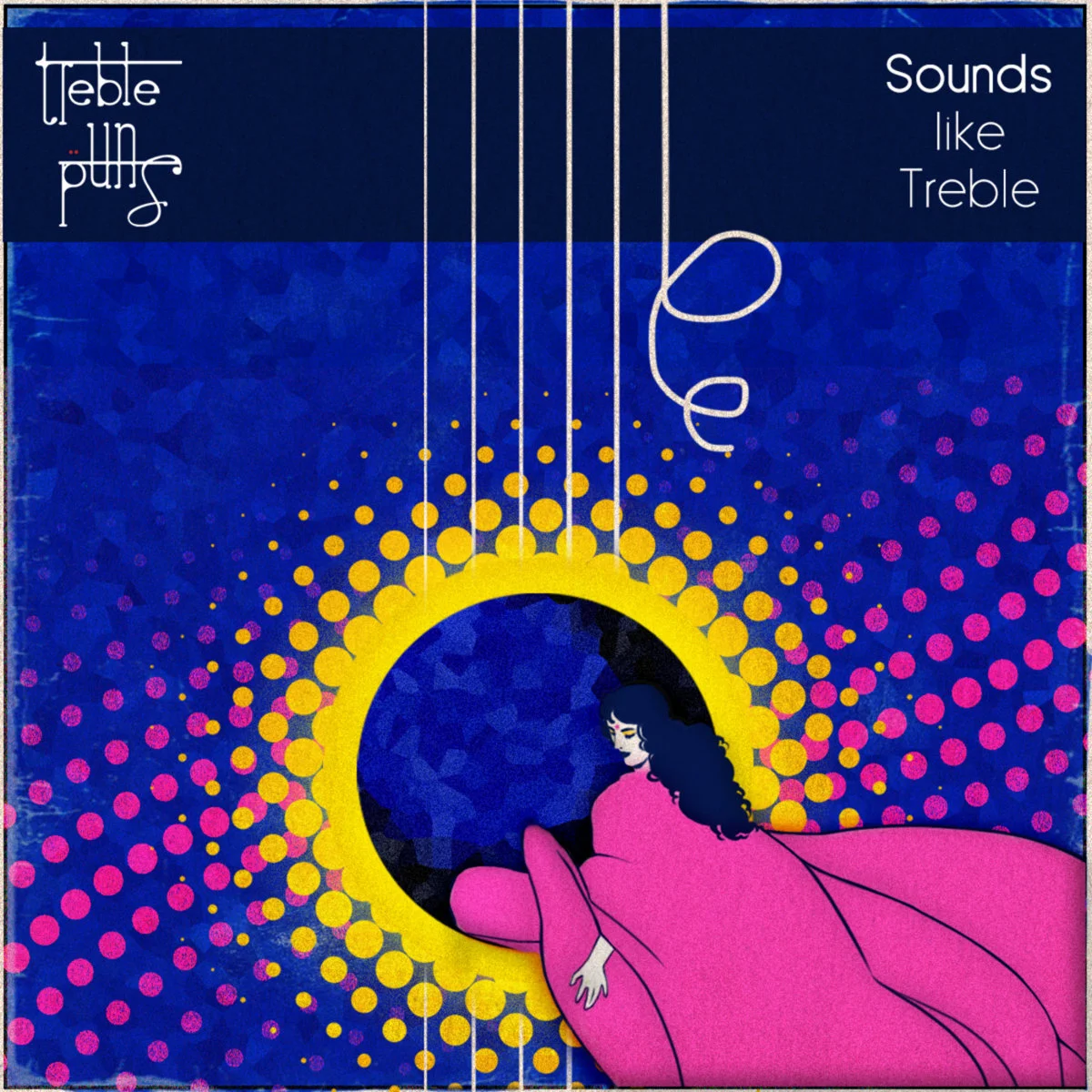 Abstract album cover art with a stylized female figure in pink, surrounded by vibrant blue and yellow circular patterns, resembling sound waves. Multiple parallel lines across the image suggest guitar strings. Text in the top corners reads "Treble Pu