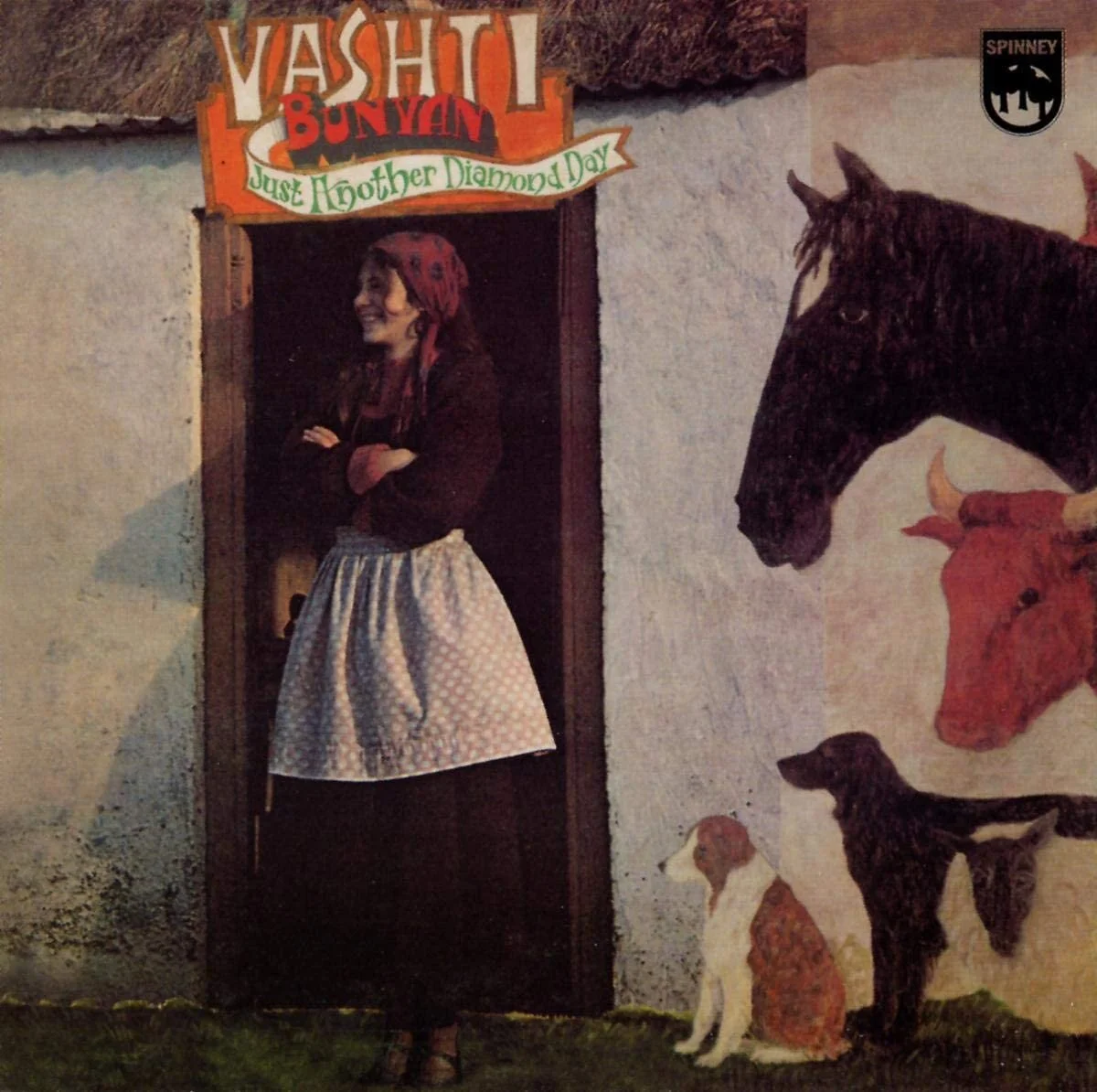 Album cover featuring a person standing in a doorway with illustrations of animals on the wall, labeled with the name 'Vashti Bunyan' and the title 'Just Another Diamond Day.'