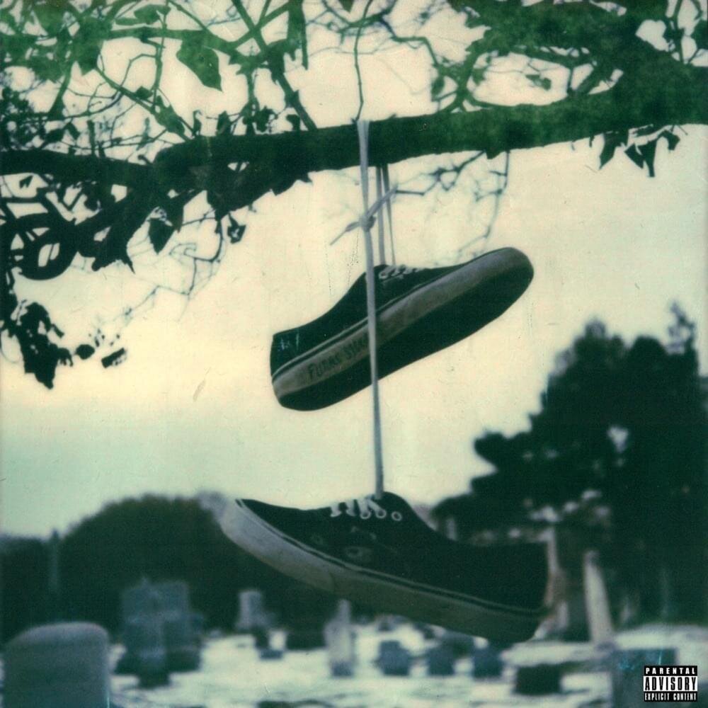 Shoes hanging from tree branch in cemetery