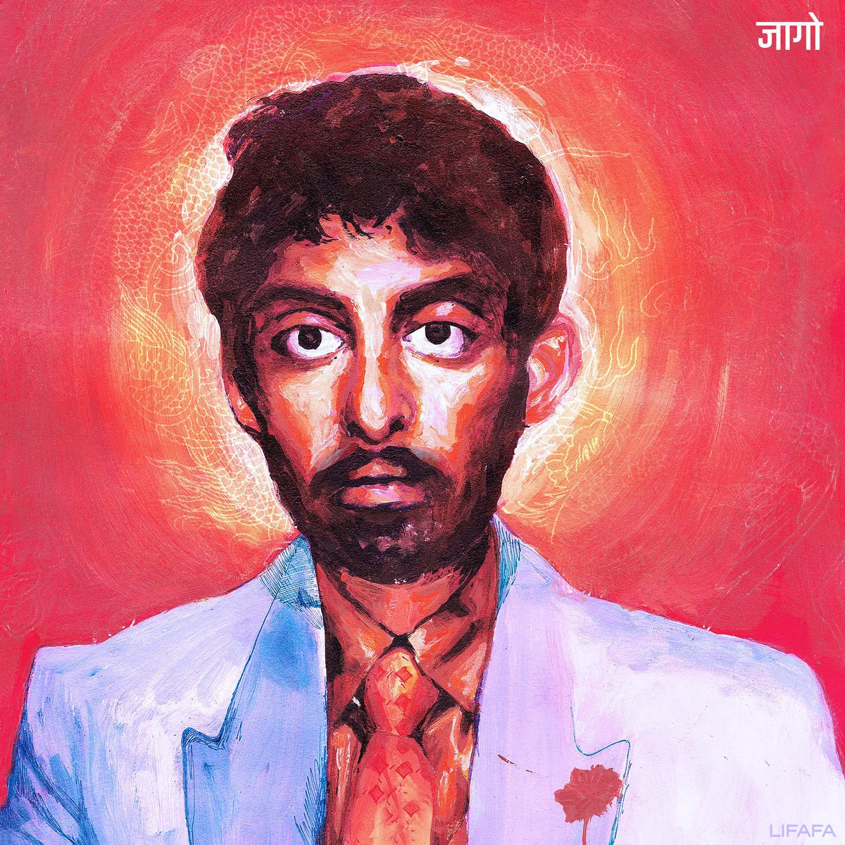 Colorful portrait painting of a man in a suit with a bright red background and halo-like effect around his head.