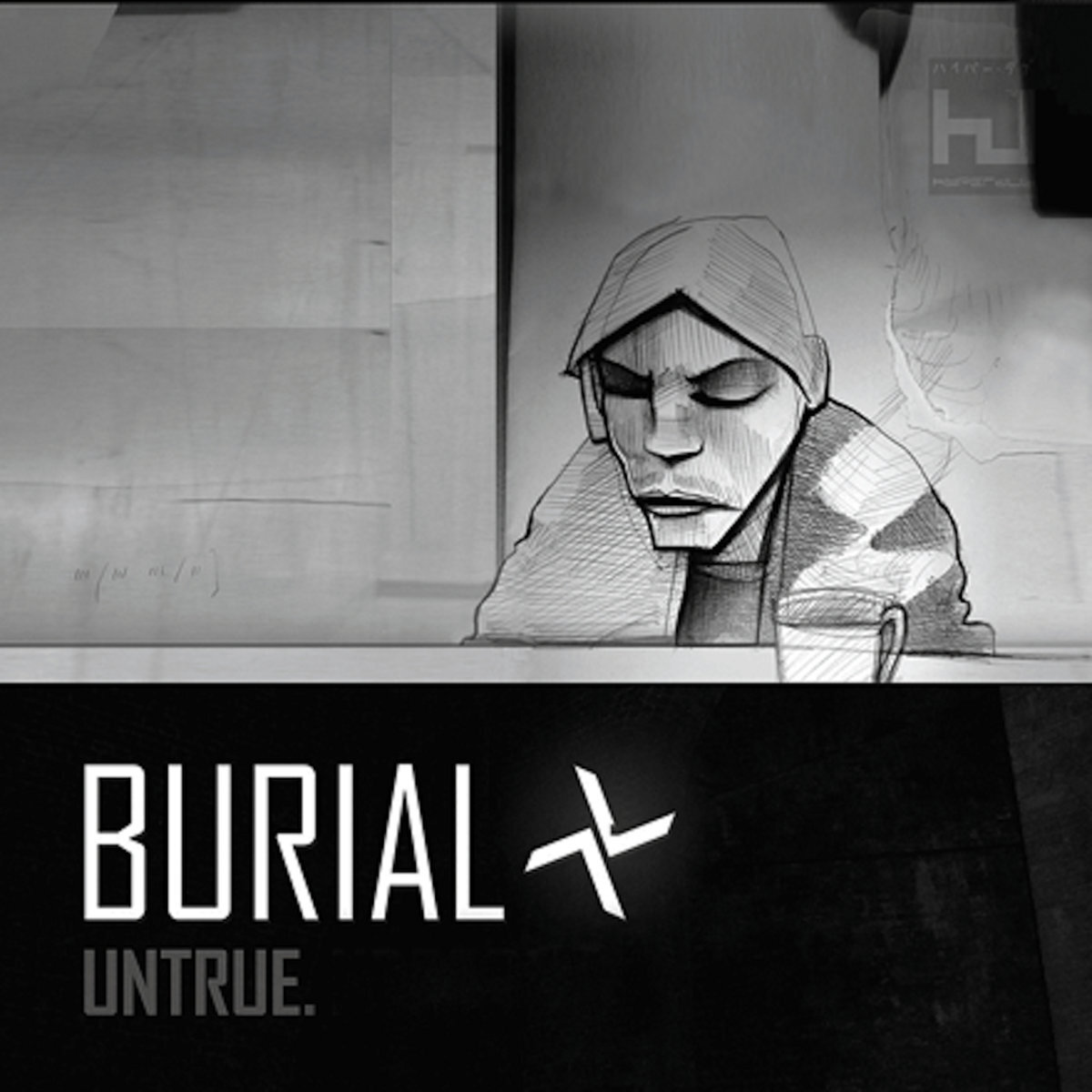 Cover art of the album 'Untrue' by Burial, featuring a grayscale illustration of a hooded figure.