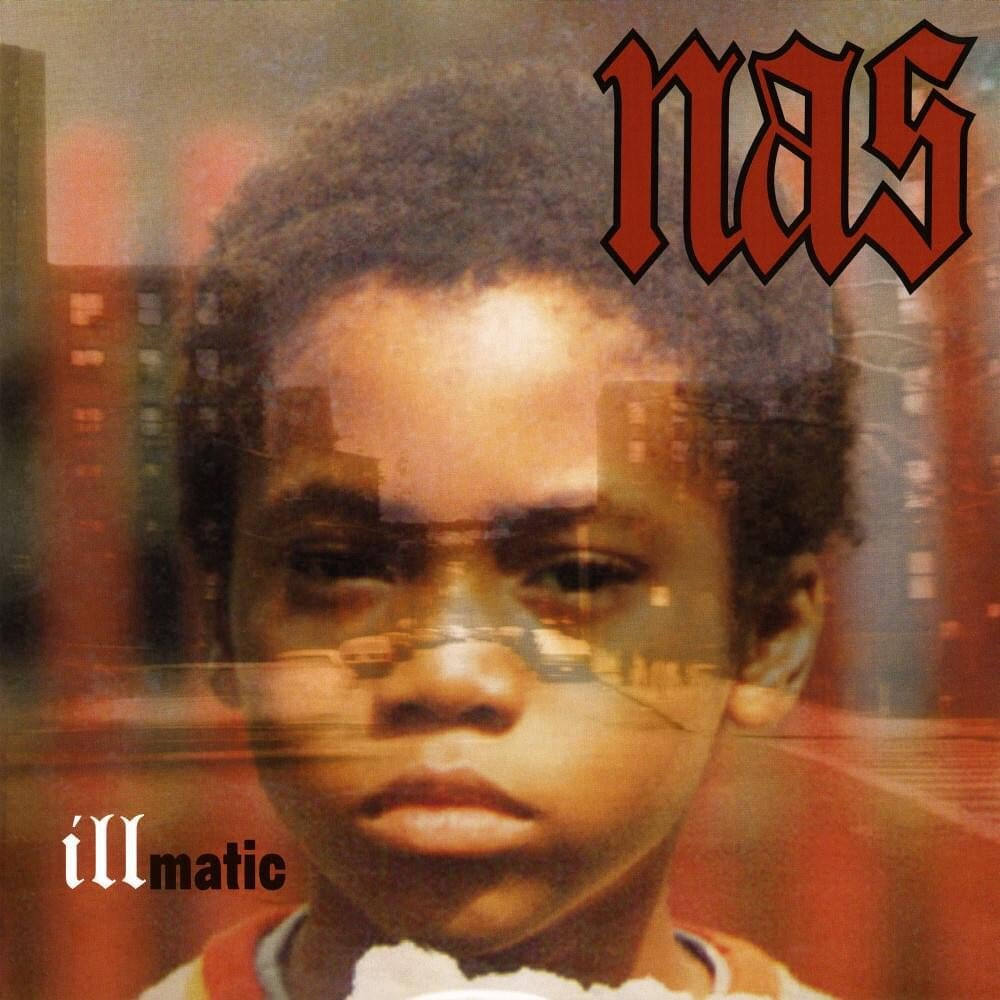 Album cover of 'Illmatic' by Nas featuring a young boy's face overlaid with an urban background, with 'Nas' and 'Illmatic' text.