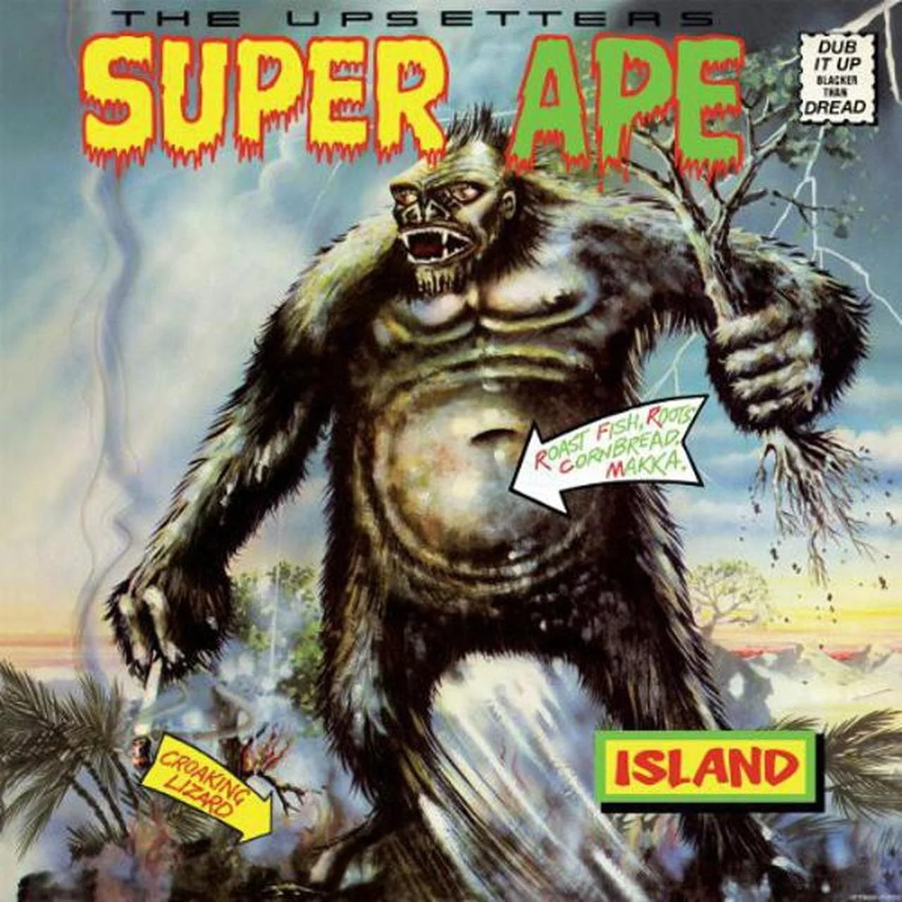 Album cover for "Super Ape" by The Upsetters featuring an illustrated giant ape in a jungle setting with speech bubbles and vibrant text.