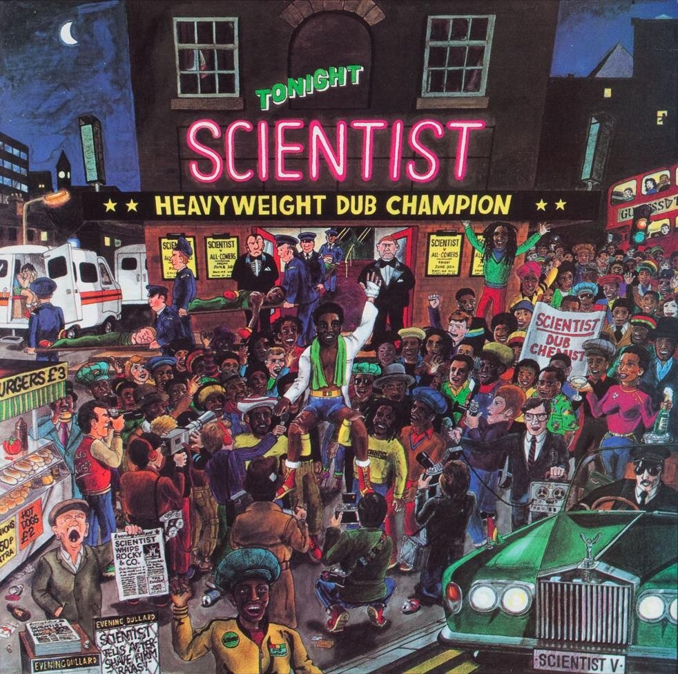Illustrated cover art depicting a lively street scene with a crowd celebrating a person being carried triumphantly. Neon sign reading "Tonight Scientist Heavyweight Dub Champion" is above. Image features various animated characters, including police 