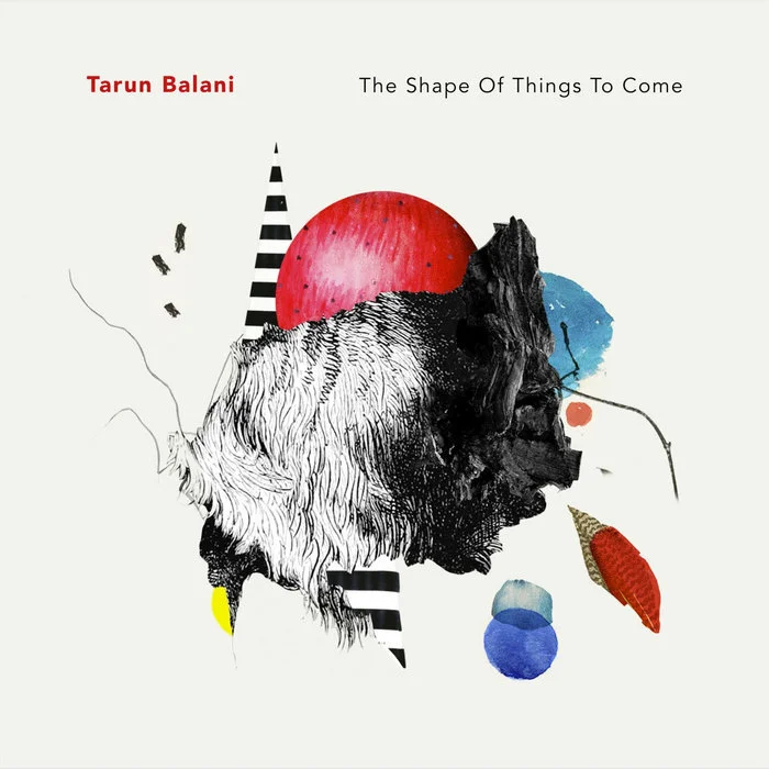 Abstract album cover with geometric shapes, including circles and a striped cone, combined with textured organic elements. Features text: 'Tarun Balani - The Shape Of Things To Come.'