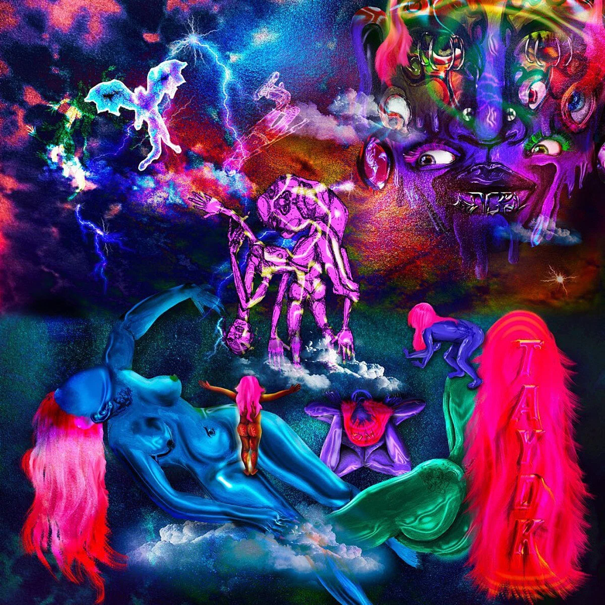 Psychedelic digital artwork featuring vibrant colors and abstract forms, including surreal humanoid figures with vivid pink and blue hues, winged creatures, and clouds amidst a textured cosmic background.