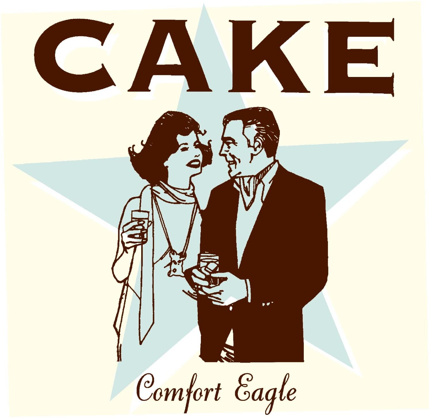 Retro-style illustration of a couple holding drinks with the words "Cake" and "Comfort Eagle" displayed above and below.