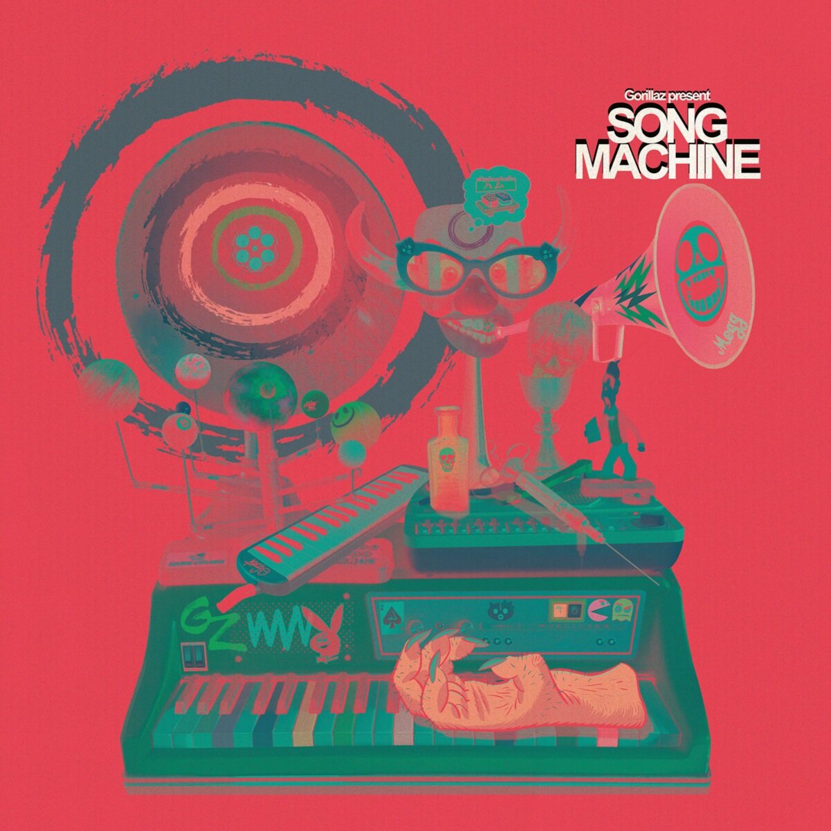 Abstract collage featuring musical instruments and colorful graphics, including a keyboard, speakers, and whimsical doodles, set against a red background. Text reads "Gorillaz present SONG MACHINE."