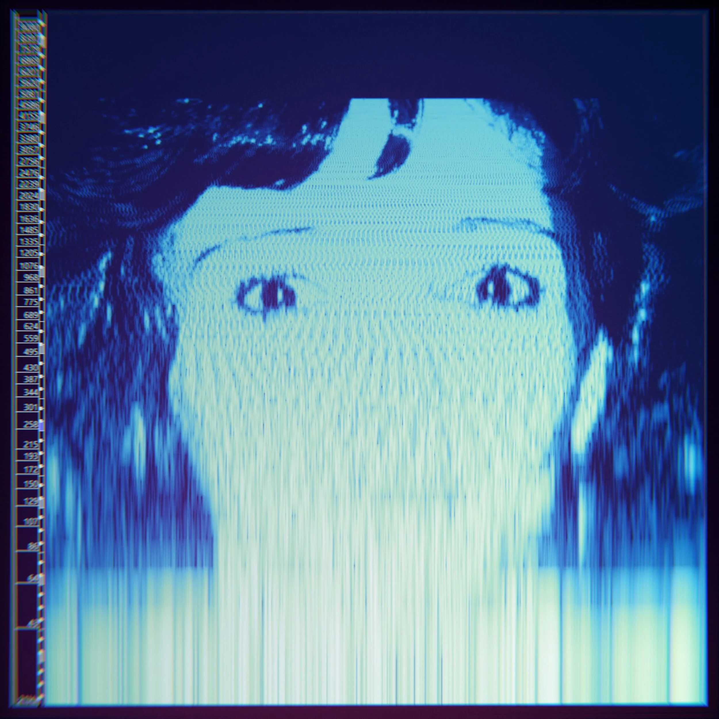 Distorted digital image of a person's face with vertical glitches and blue tint.