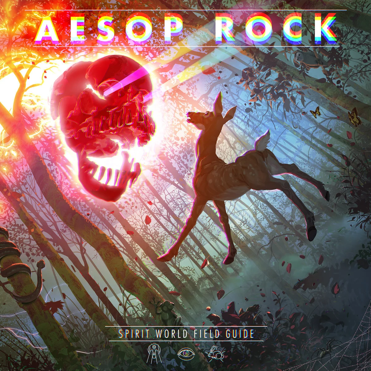 Abstract artwork featuring a glowing red skull, a leaping deer, and a forest background. Text reads "Aesop Rock" and "Spirit World Field Guide."