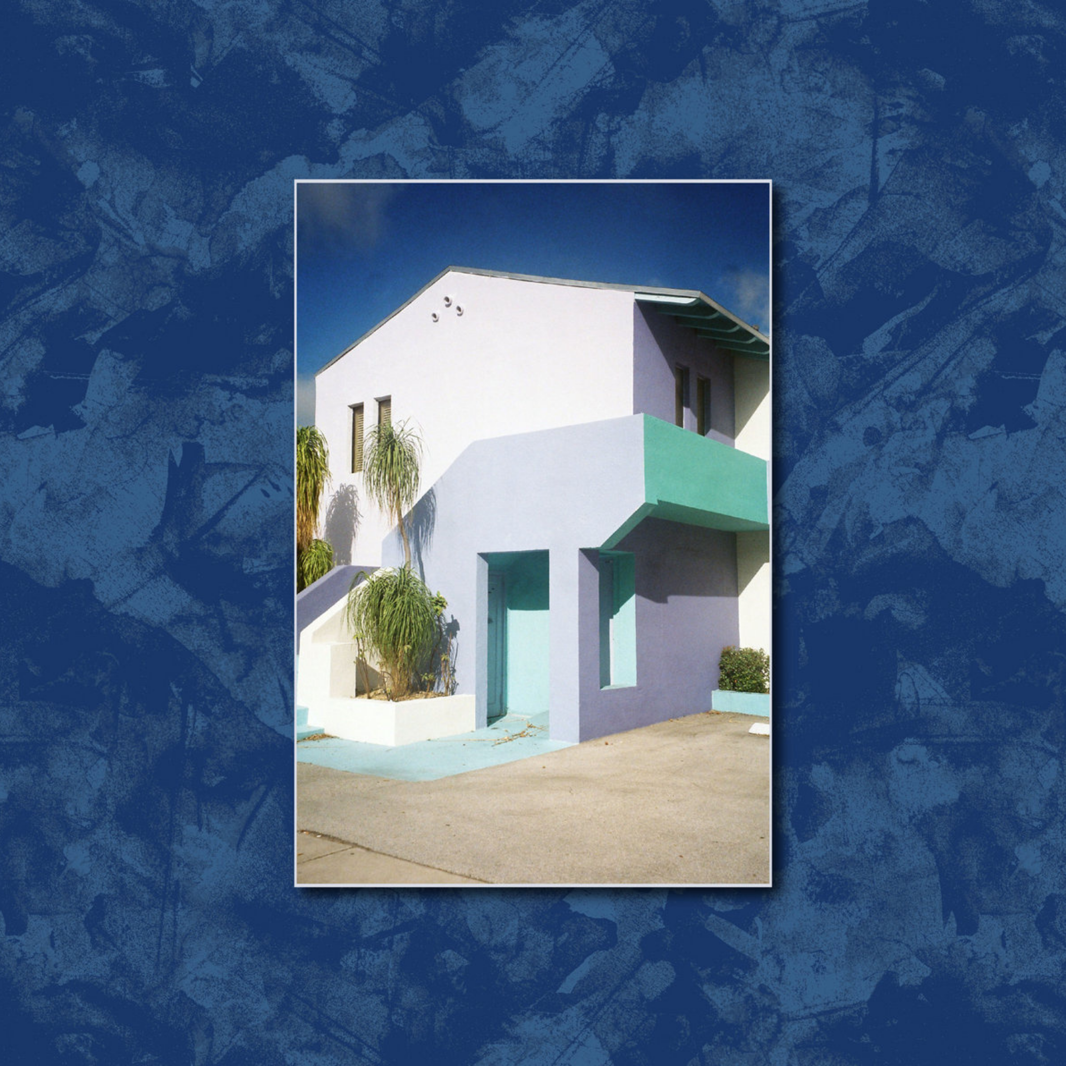 A modern house with a geometric design, featuring a combination of light pastel colors including blue, teal, and purple. The exterior includes angular shapes, flat lines, and large windows. Two potted plants add greenery to the facade, and the buildi